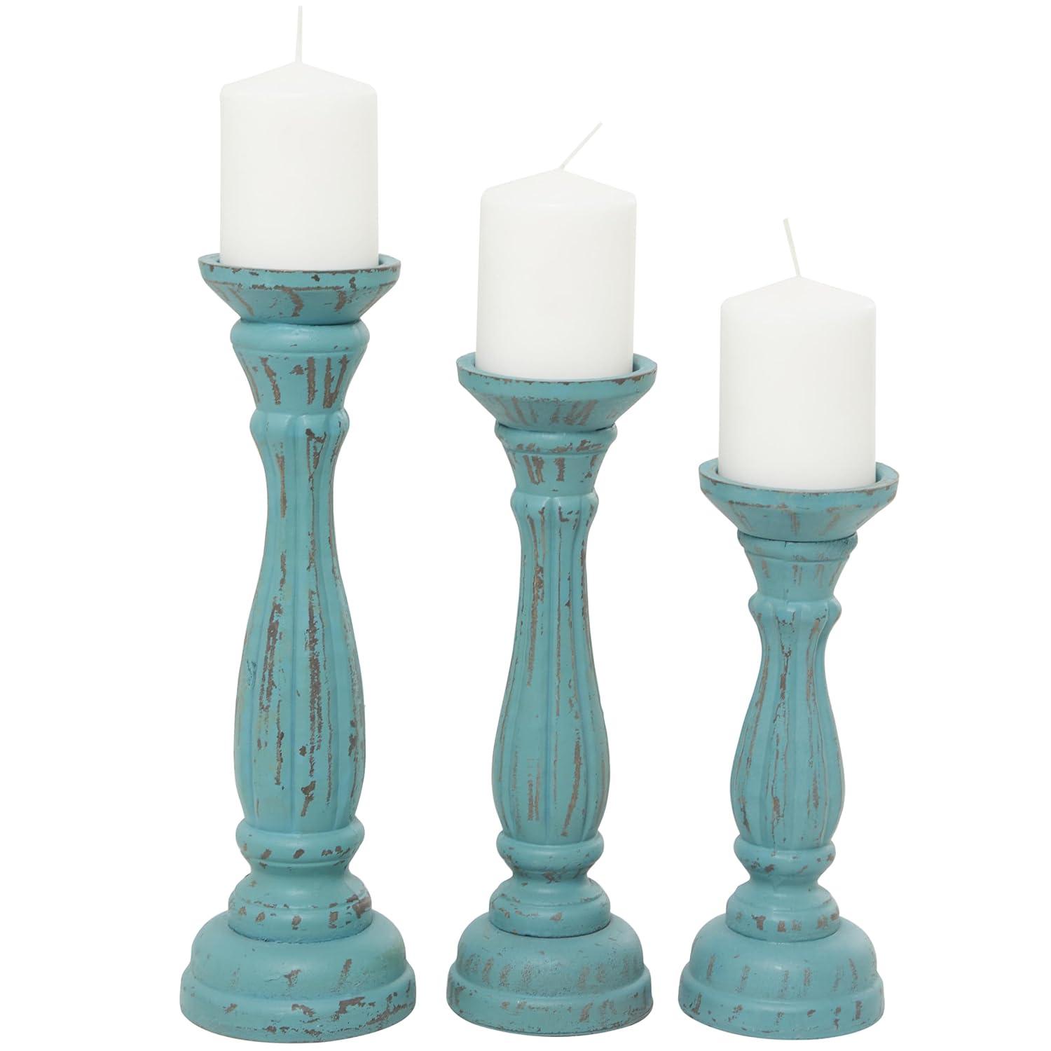 DecMode 3 Candle Blue Wooden Distressed Turned Pillar Candle Holder, Set of 3