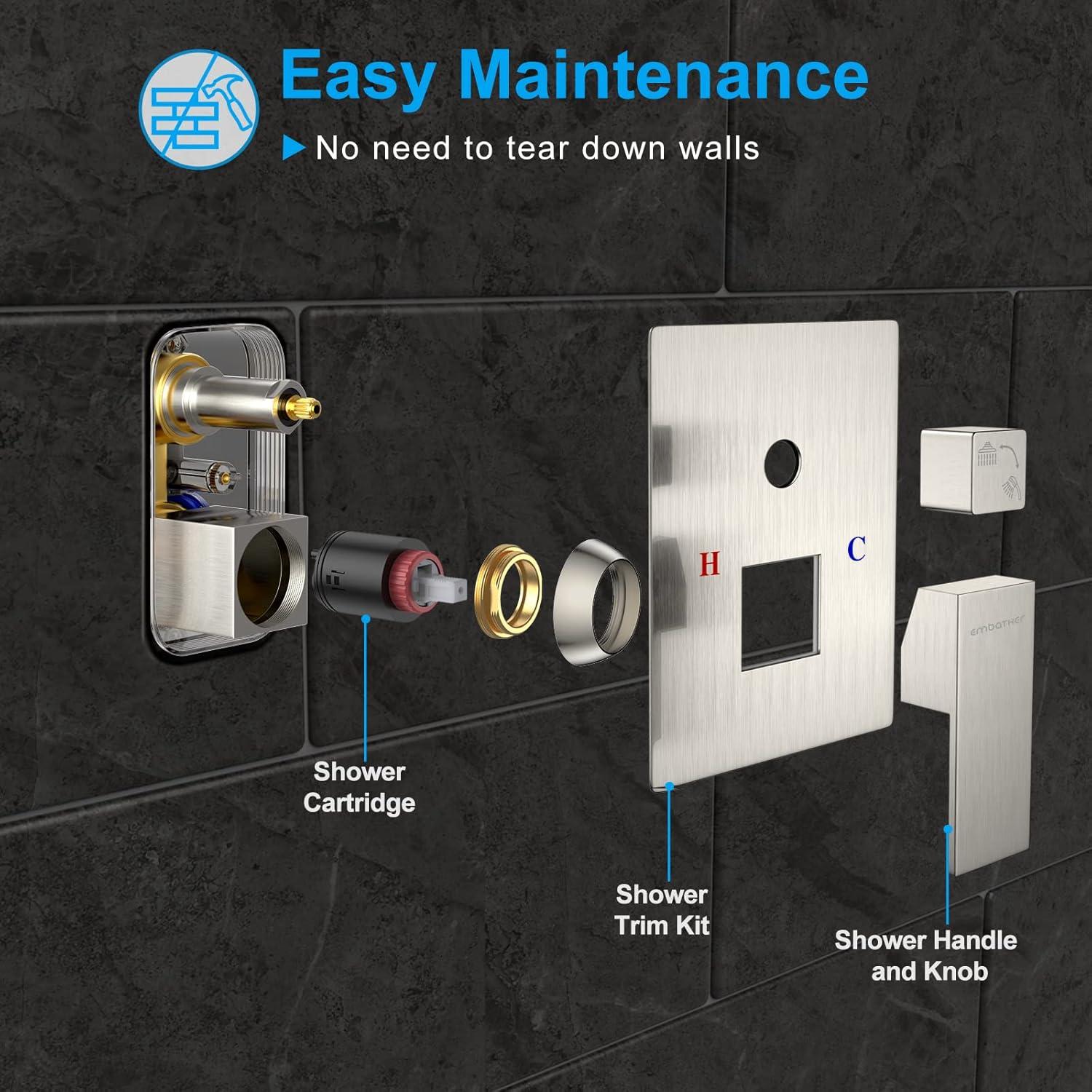 EMBATHER Black Shower System 12 Inches Shower Faucet Set with Square Rain Shower Head and Handheld For Bathroom, Matte Black Shower Combo Set Wall Mounted (Rough-in Valve & Trim Included)