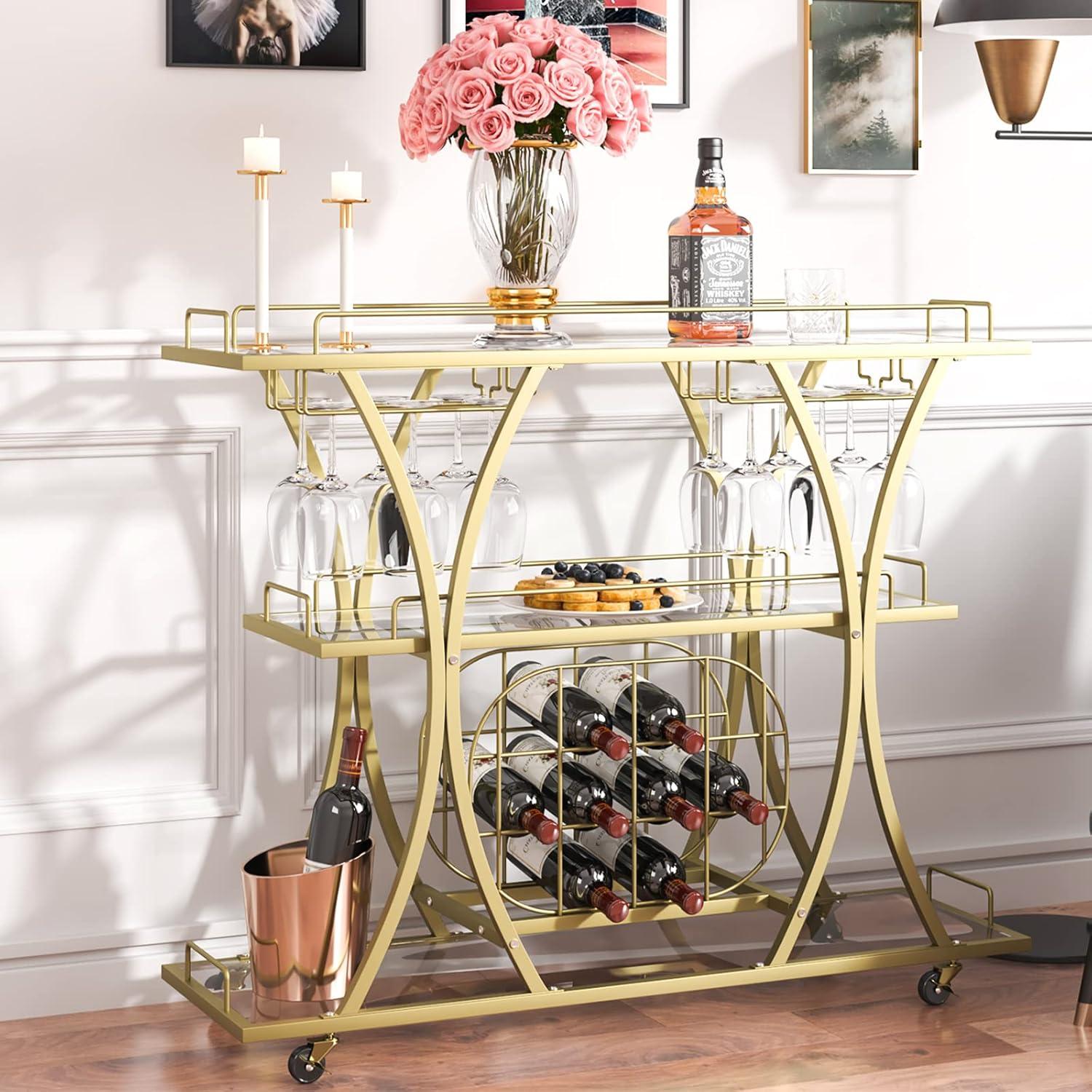 Gold 3-Tier Bar Cart with Glass Shelves and Wine Rack