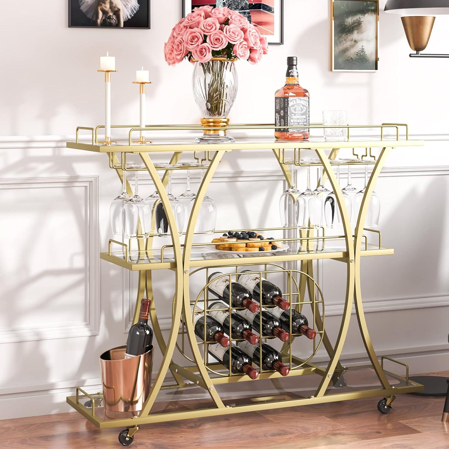 VEVOR Bar Cart Gold 3 Tiers Home Bar Serving Cart on Lockable Wheels with Tempered Glass Shelves Guardrail Wine Rack