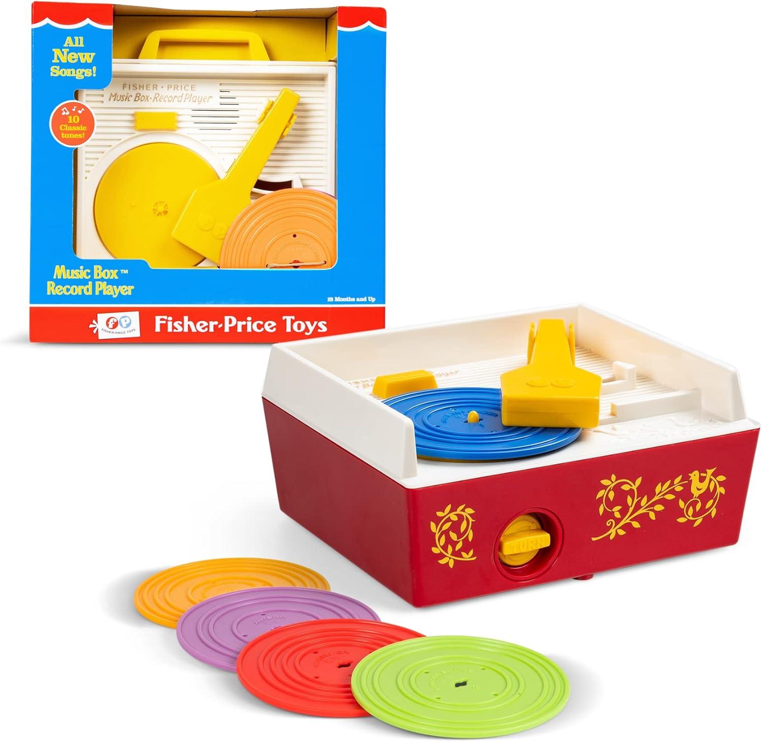 Schylling Fisher Price Classic Toys - Retro Music Box Record Player, Ages 18 Months and Up, Blue/Yellow/White