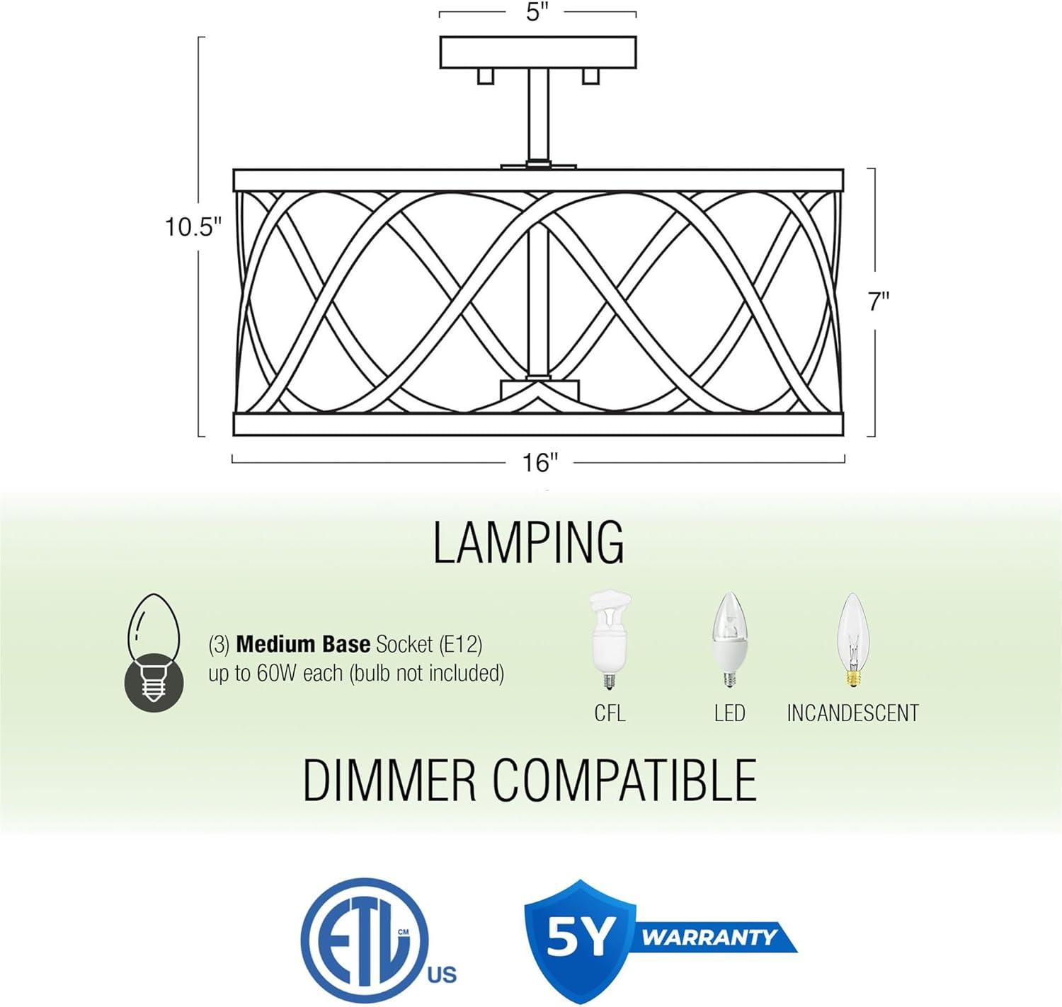 Kira Home Isabelle 16" 3-Light Modern Semi-Flush Mount Ceiling Light, Metal Drum Shade, Brushed Nickel Finish