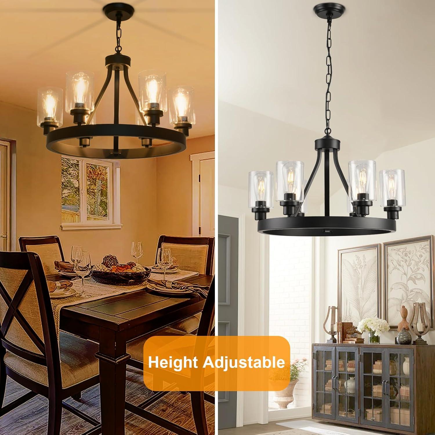 24'' Round Wagon Wheel 6-Light Chandelier Hanging Glass Pendant Light - N/A Black