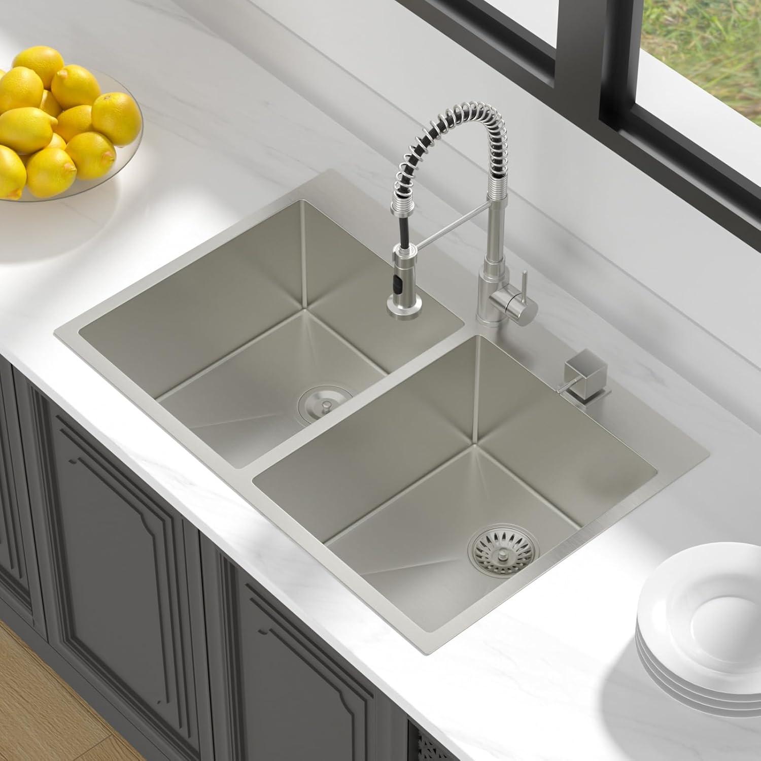 Double Bowl 50 50 Drop In Sink 33"X22"X10" Stainless Steel Kitchen Sink 16 Gauge With Two 10" Deep Basin Brushed Nickel Stainless Steel