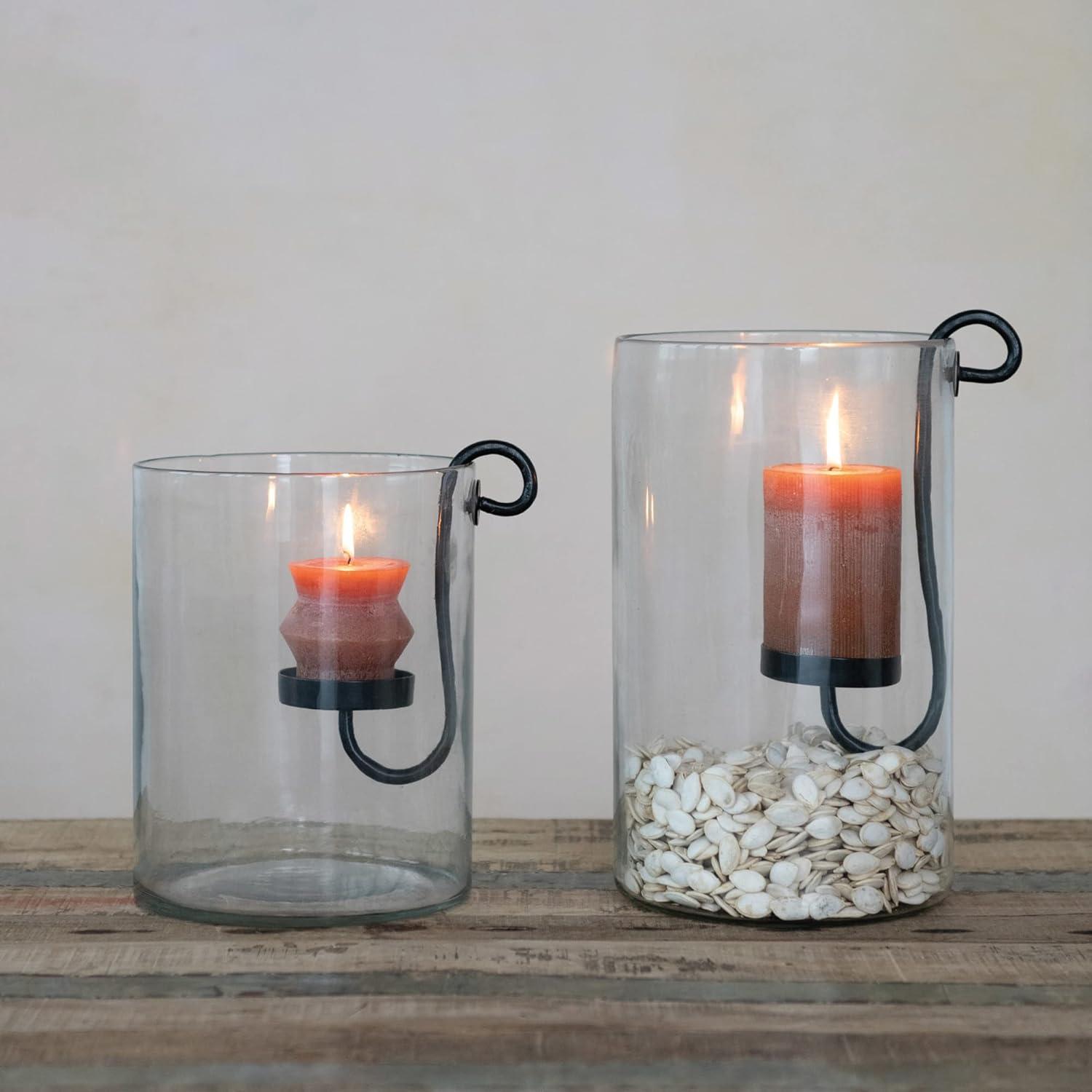 Clear Glass Hurricane with Black Metal Candle Holder, 9.5"