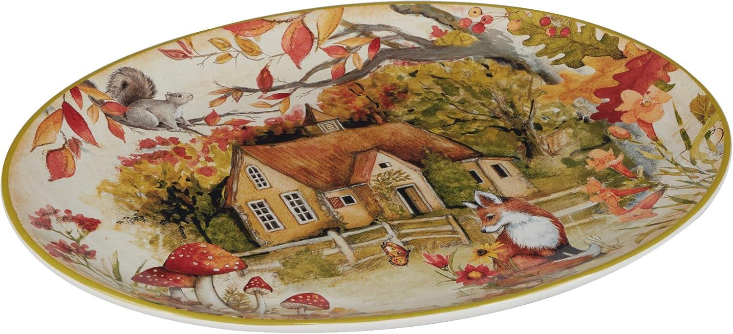 Woodland Critters Ceramic Oval Serving Platter with Cottage Scene