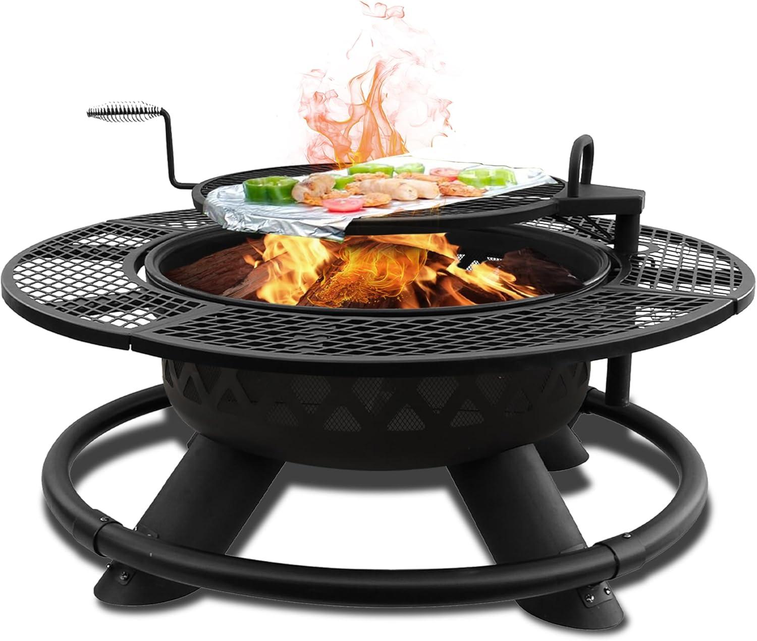 Red Mountain Valley Outdoor Fire Pit 47'' with Adjustable Grill, Outdoor Large Wood Burning BBQ Firepit Bowl, Bonfire Fire Pits with Cooking grates, 2-in-1 Steel Table for Backyard, Patio Picnic