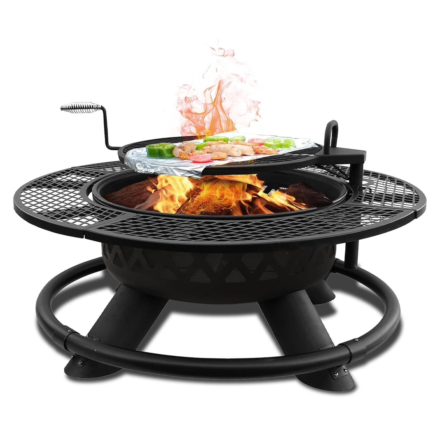 Red Mountain Valley Outdoor Fire Pit 47'' with Adjustable Grill, Outdoor Large Wood Burning BBQ Firepit Bowl, Bonfire Fire Pits with Cooking grates, 2-in-1 Steel Table for Backyard, Patio Picnic