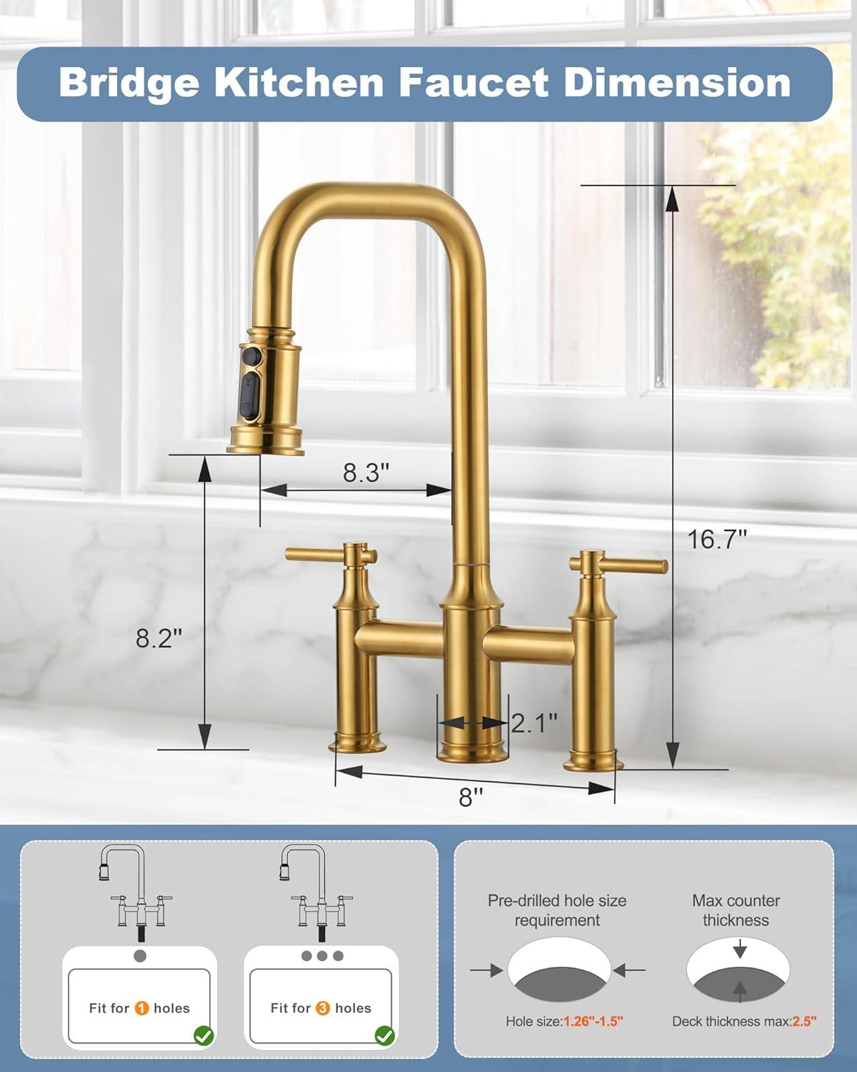 Brushed Gold Double Handle Bridge Kitchen Faucet with Pull-Down Spray