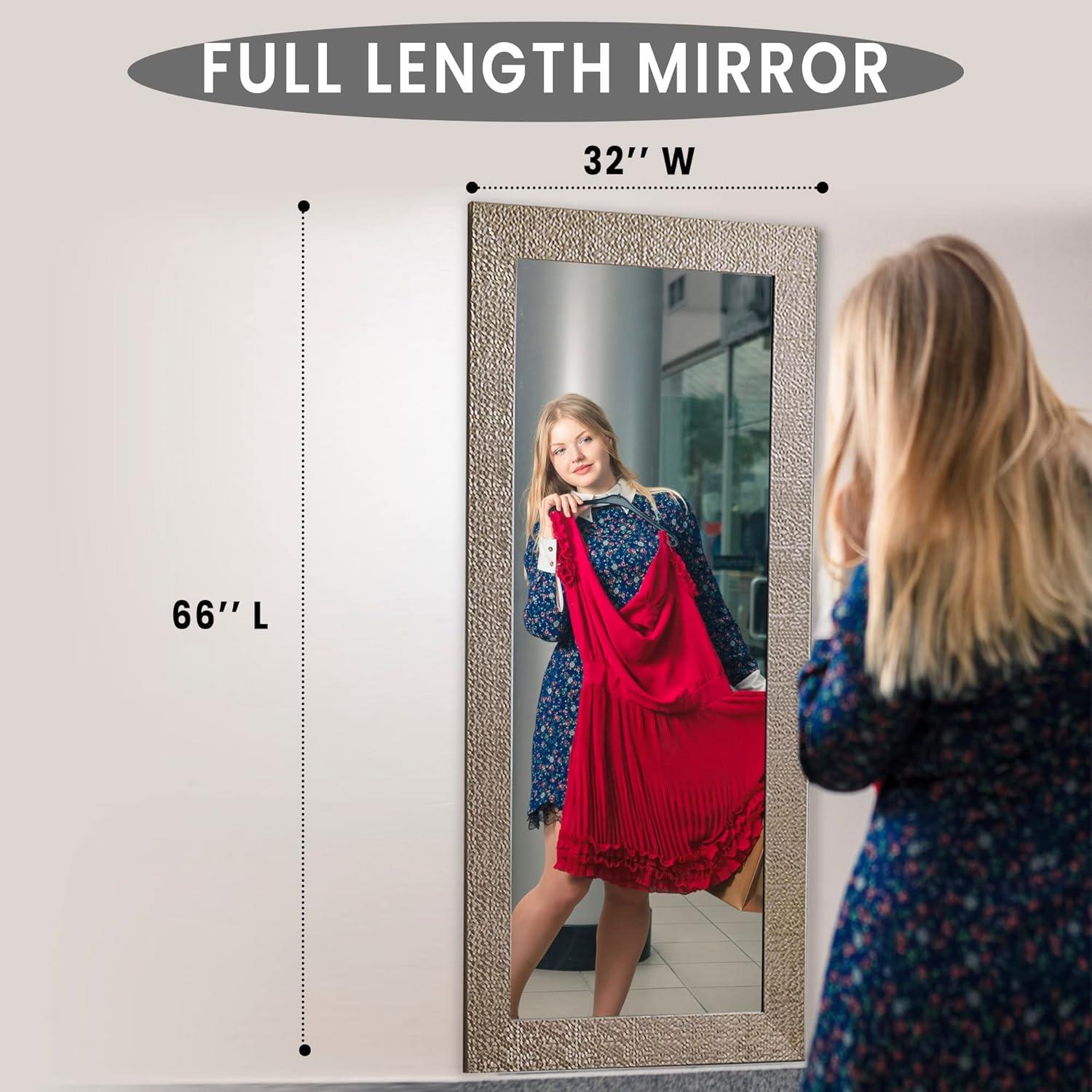 Floor Mirror, Full length Mirror, Mosaic Style Full Body Mirror for Home, Wall Mirror with Faux Wood Frame, 66"LX32"W Large Mirror for Bedroom by Naomi home - Champagne