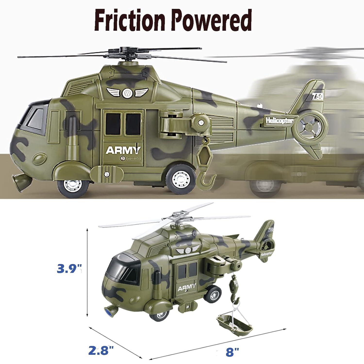 Military Helicopter Toy with Lights and Sound Sirens,Friction Powered Boys Army Toys,Rescue Vehicles Toys for Kids Aged 3 and Up