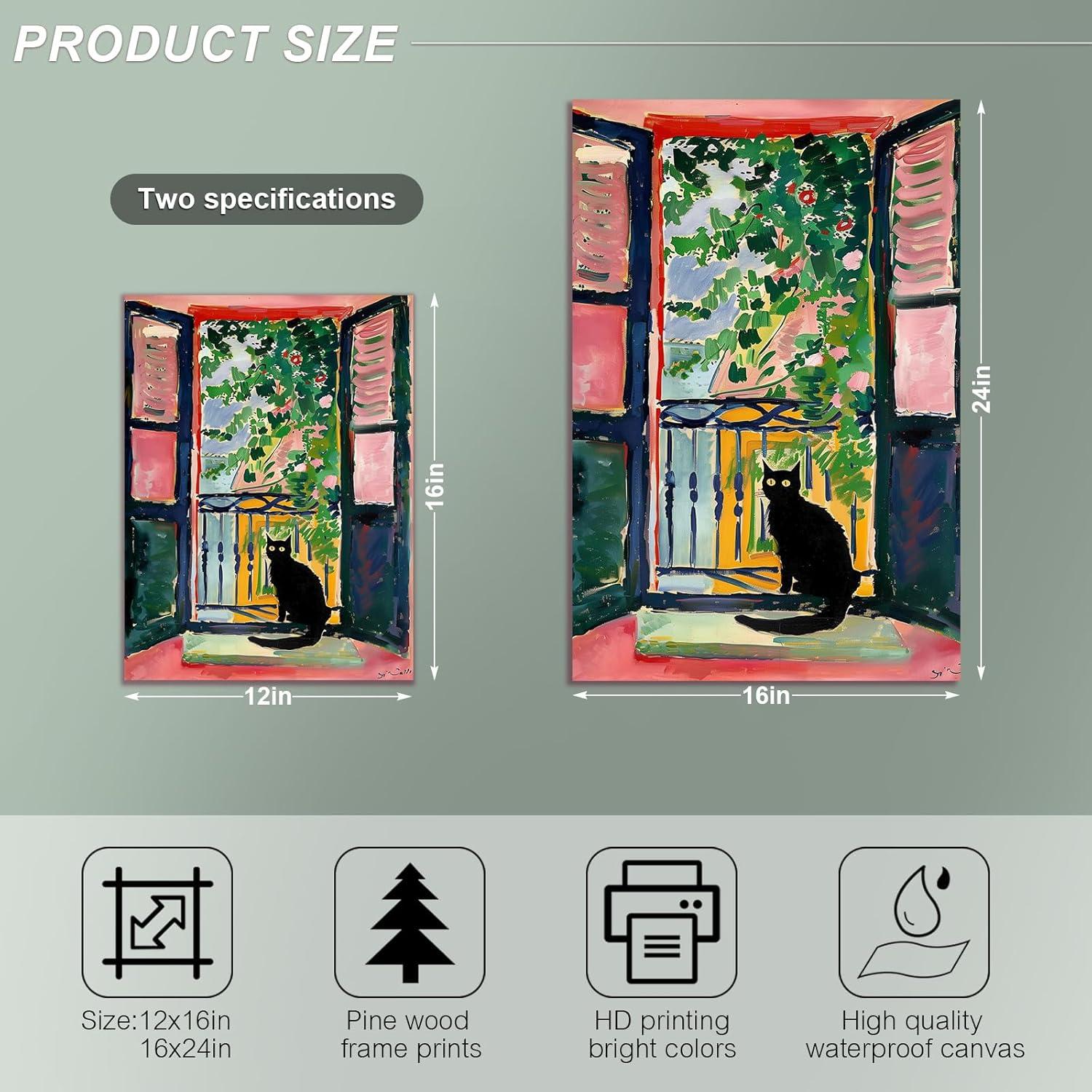 Henri Matisse Oil Paintings on Canvas Wall Art Matisse Famous Open Window Black Cat Poster Funny Cat Floral Print Colorful Farmhouse Gallery Aesthetic Room Decor for Bedroom Bathroom 12x16in Unframed