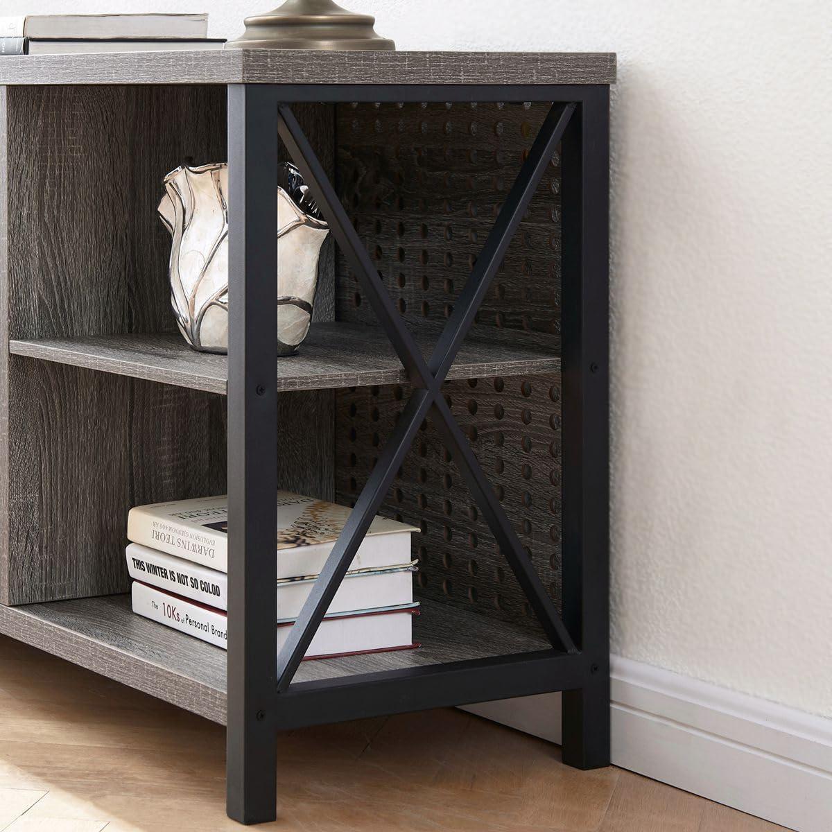 LVB Rustic Entertainment Center for 65 Inch TV, Industrial Wood TV Stand with Media Cabinet Storage, Farmhouse Metal Television Stands Console Table for Home Living Bedroom, Light Grey Oak, 55 Inch