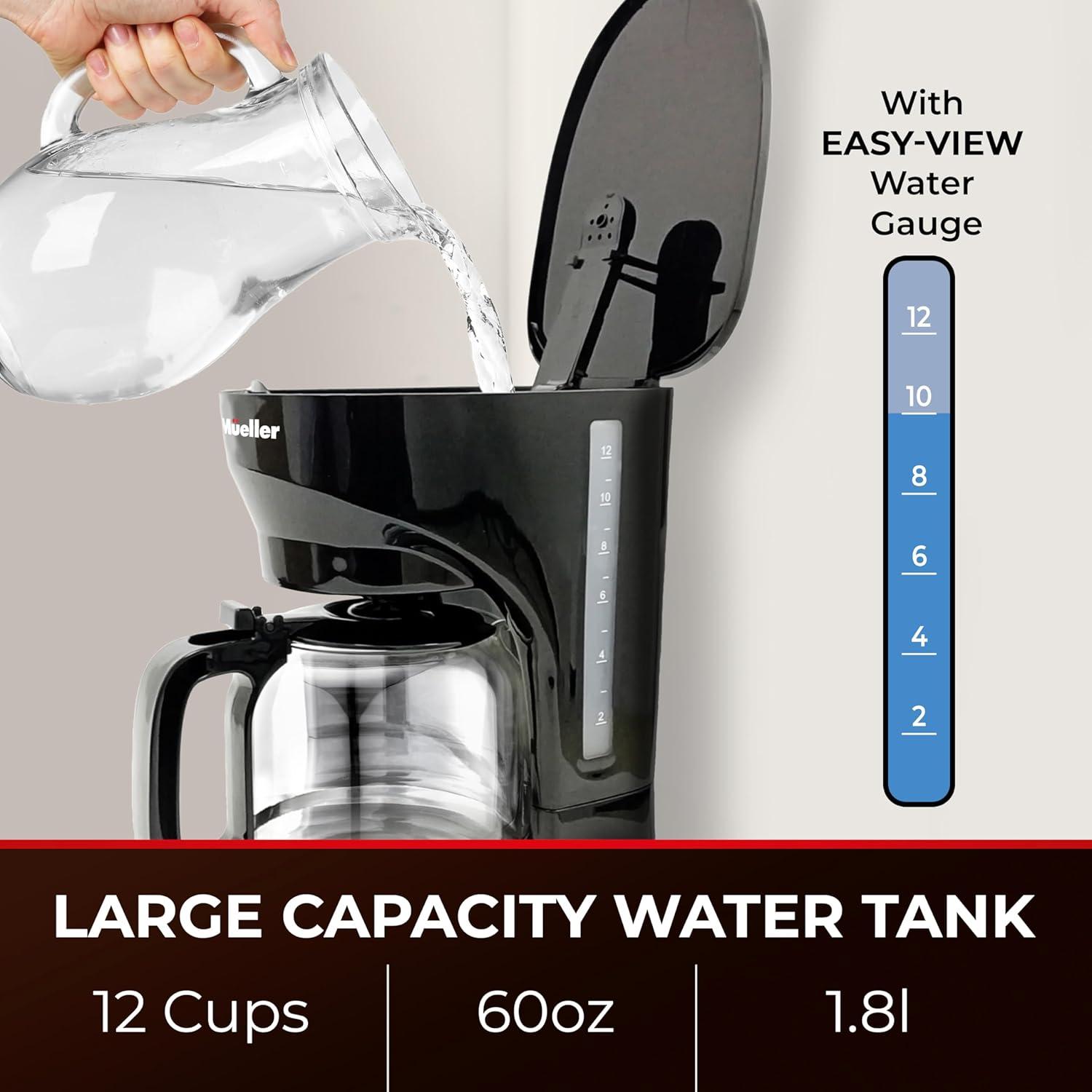 Mueller 12-Cup Drip Coffee Maker - Borosilicate Carafe, Auto-Off, Reusable Filter, Anti-Drip, Keep-Warm Function, Clear Water Level Window Coffee Machine, Kitchen Essentials & Accessories