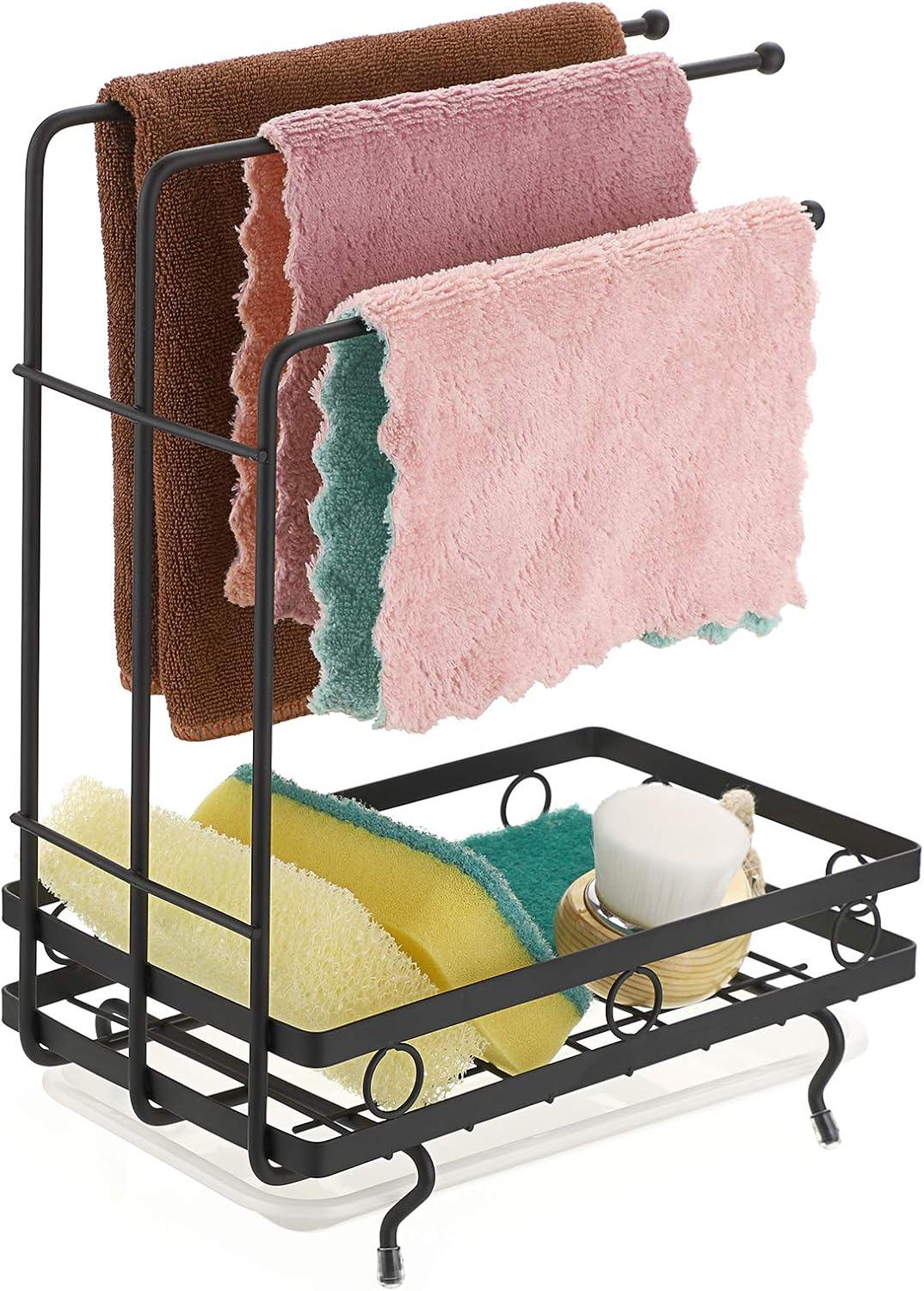 JUXYES Kitchen Sink Caddy Sponge Holder with Dishcloth Drying Rack, Kitchen Rag Stand Sponge Brush Soap Dish Dishcloth Rack Sink Storage Organizer for Kitchen Countertop (Black)