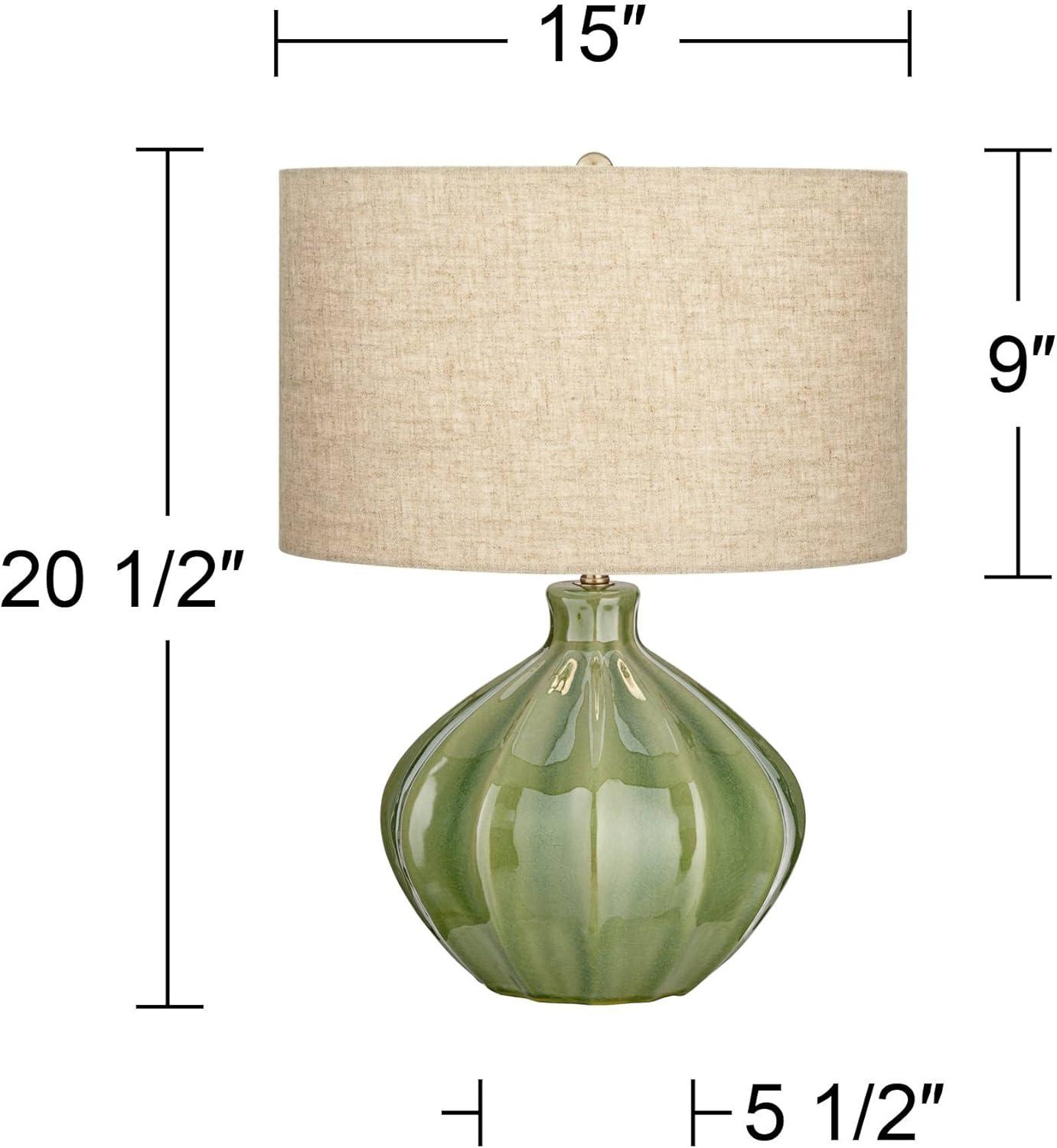 Handcrafted Ribbed Green Ceramic Table Lamp with Oatmeal Drum Shade