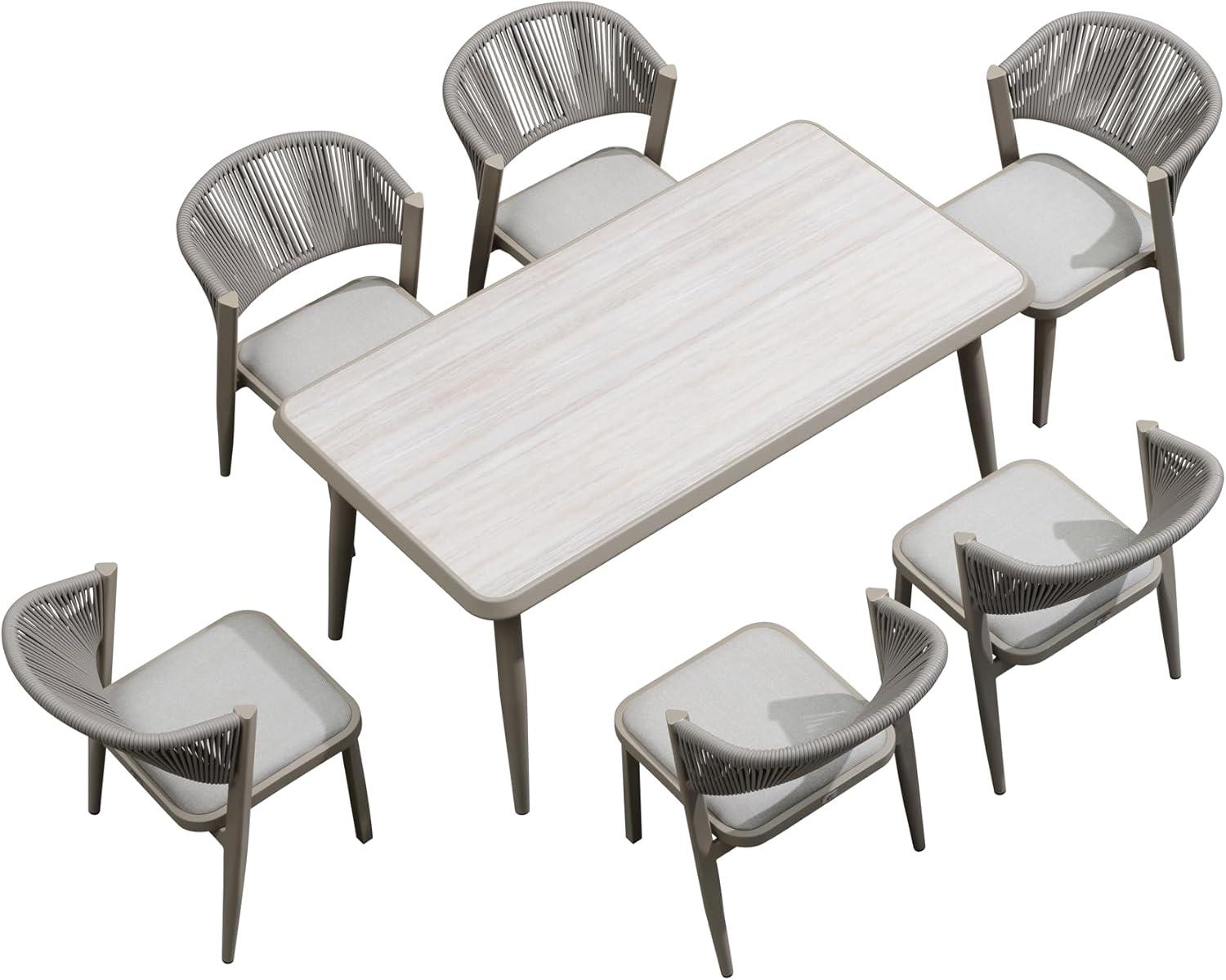 7-Piece Aluminum Wicker Dining Table and Chairs Patio Outdoor Dining Set Teak Patio Furniture Set with Cushions, Brown