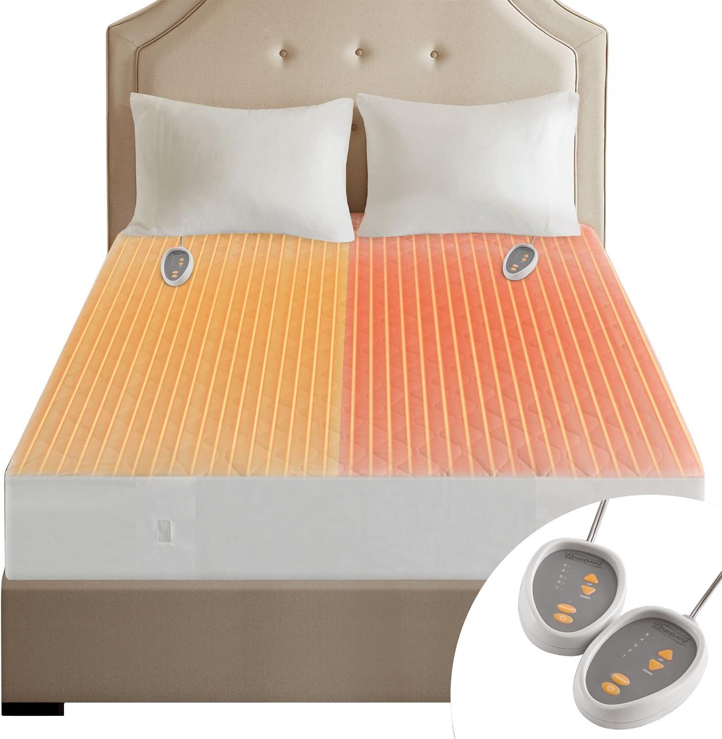Cotton Blend Heated Mattress Pad (Queen) White - Beautyrest: 5 Heat Settings, Machine Washable, Fits 18" Mattress