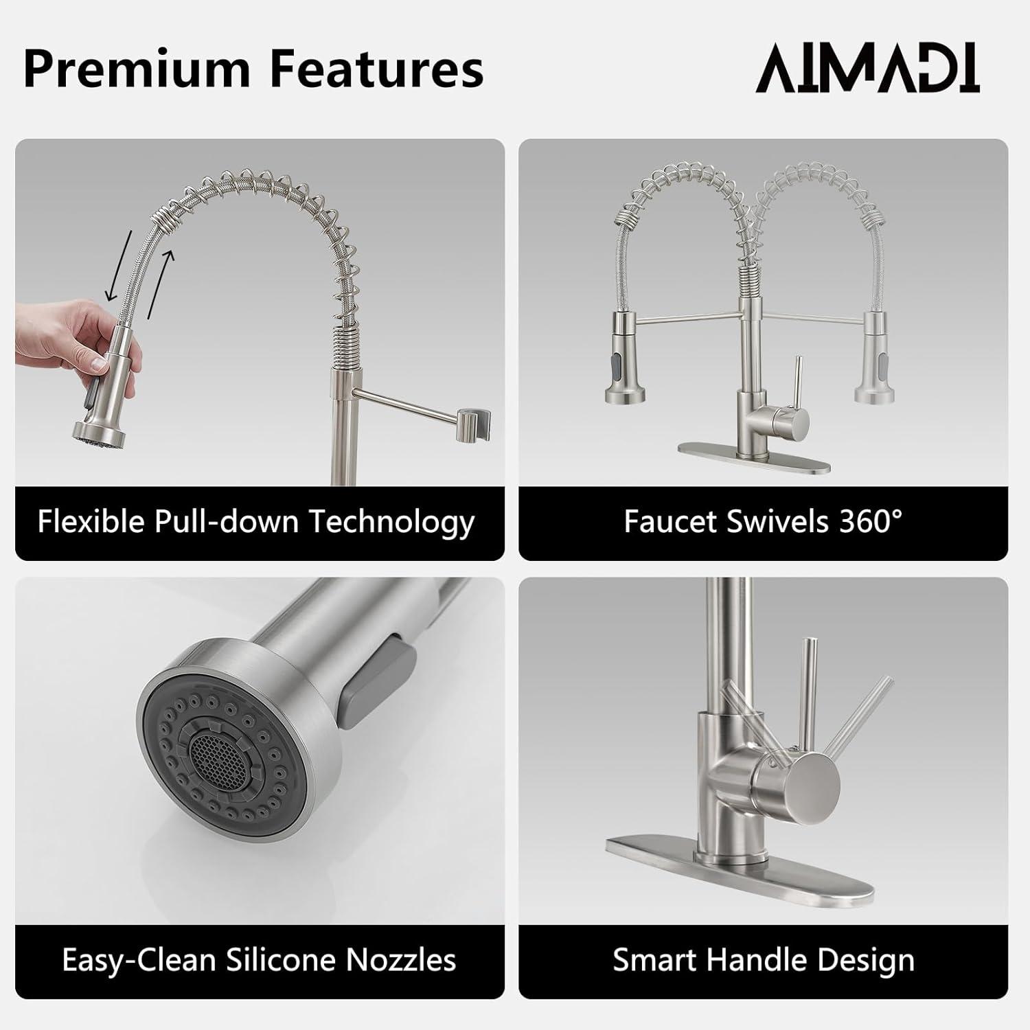 Brushed Nickel Kitchen Faucet With Pull Down Sprayer, Stainless Steel Kitchen Sink Faucets