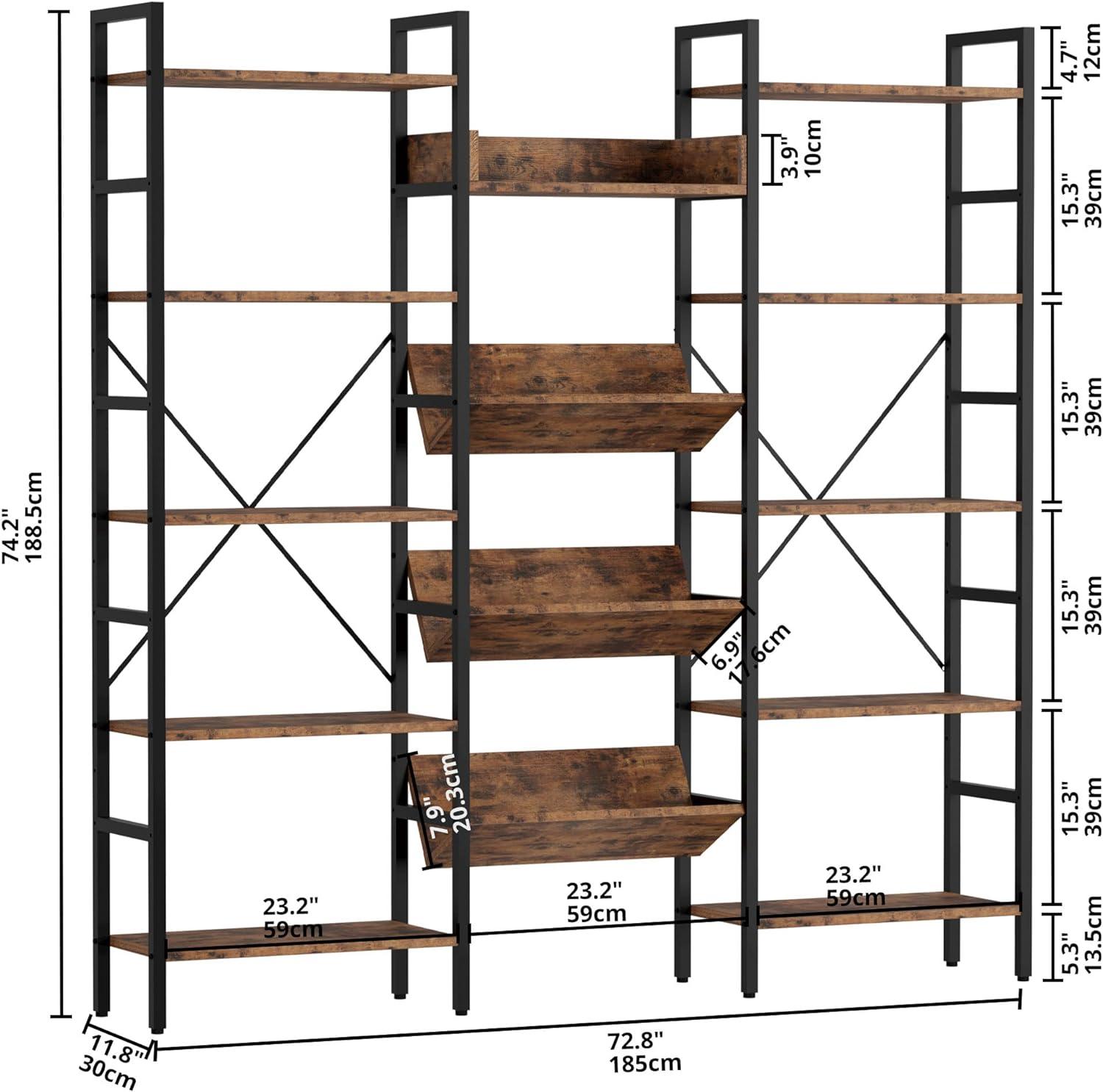 Vintage Brown Adjustable Industrial Triple Wide 5-Tier Bookshelf