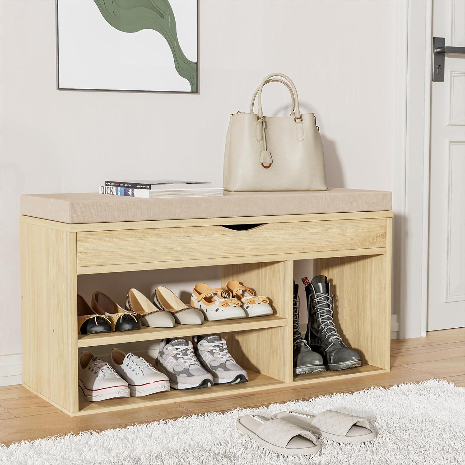 Apicizon 31 Inches Storage Bench, Shoe Bench with Flip Top Storage Space and Padded Cushion, Wooden Entryway Bench for Entryway, Living Room, 2-Tier Shoe Rack Organizer, Brown