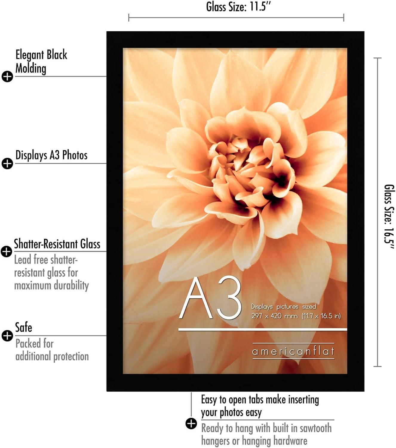 Americanflat A3 Picture Frame with Shatter-Resistant Glass - Set of 2 - 11.7x16.5 Frame with Engineered Wood - Signature Collection - Black