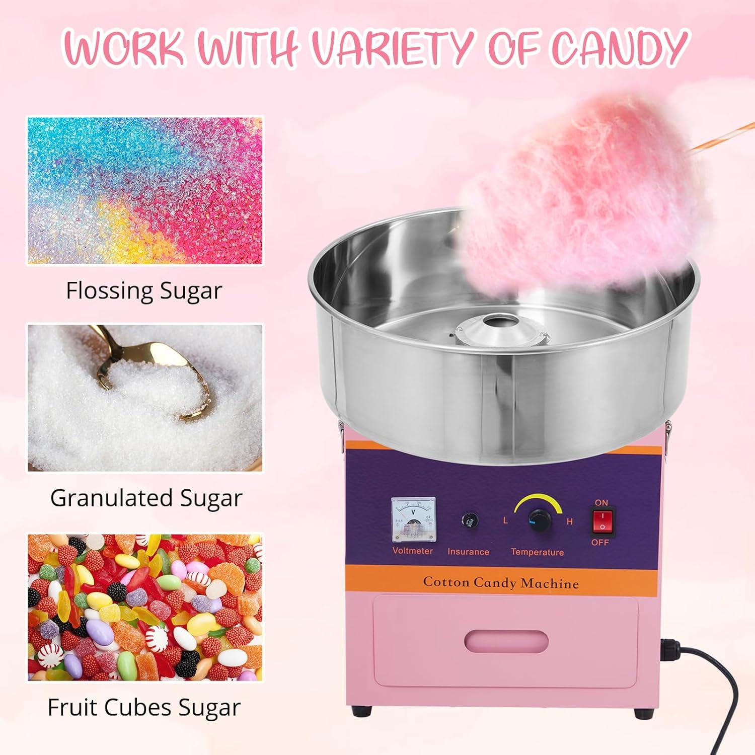 Pink Stainless Steel Commercial Cotton Candy Machine with Storage Drawer