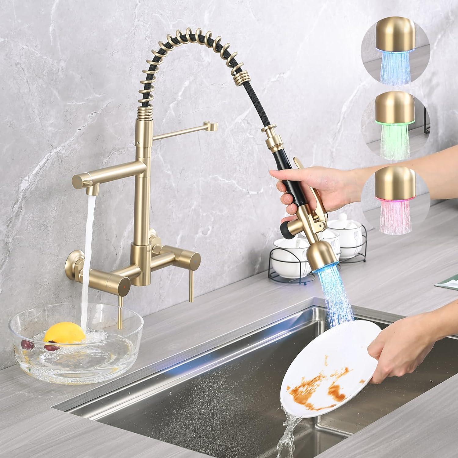 Brushed Golden Stainless Steel Wall Mount Kitchen Faucet with LED Sprayer