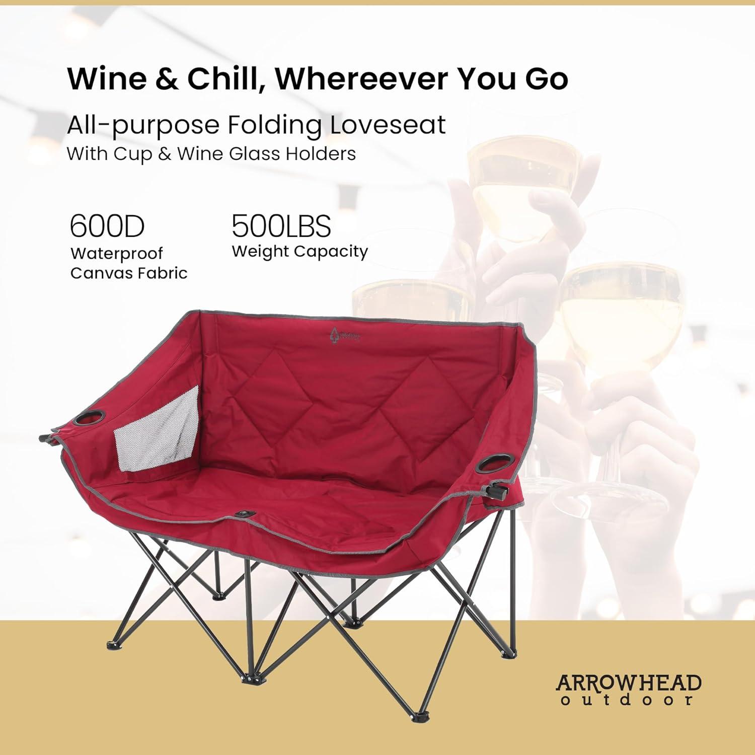 ARROWHEAD OUTDOOR Portable Folding Double Duo Camping Chair Loveseat w/ 2 Cup & Wine Glass Holder, Heavy-Duty Carrying Bag, Padded Seats & Armrests, Supports up to 500lbs, USA-Based Support (Red)