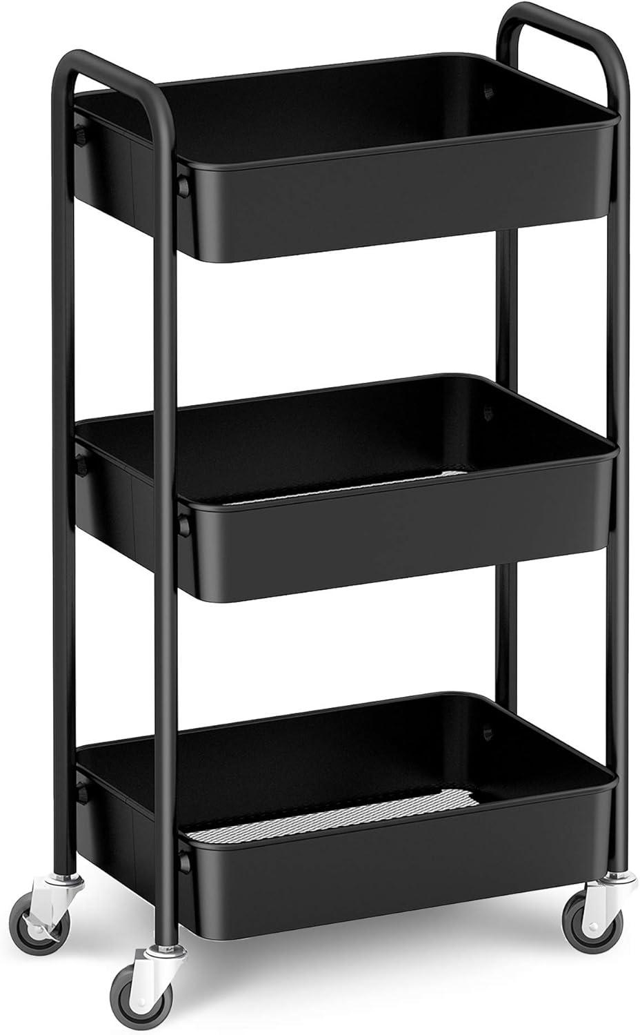 Black Alloy Steel 3-Tier Rolling Kitchen Cart with Storage