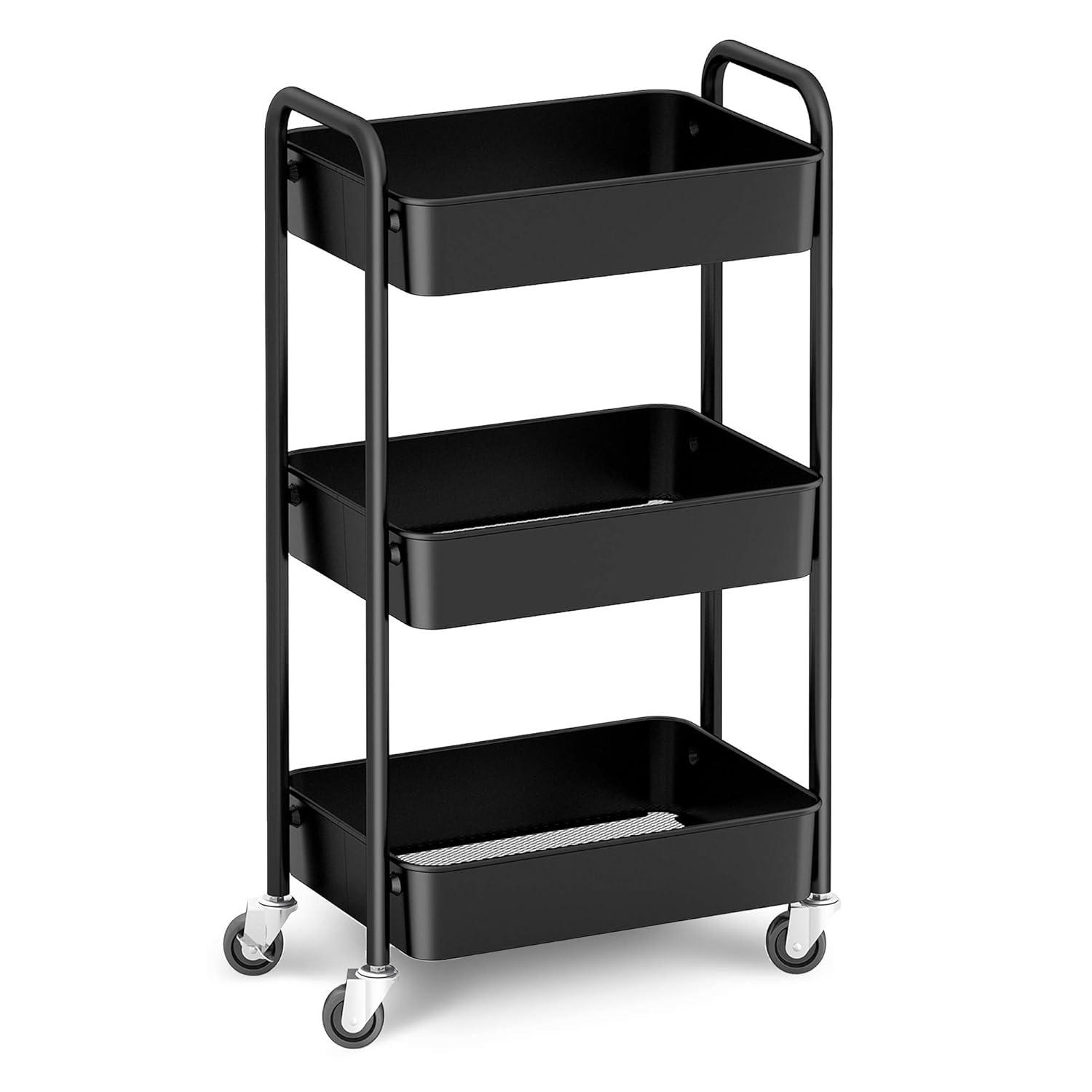 Zeki Shoggy 3-Tier Rolling Metal Storage Organizer - Mobile Utility Cart, Kitchen Cart With Caster Wheels (Black)