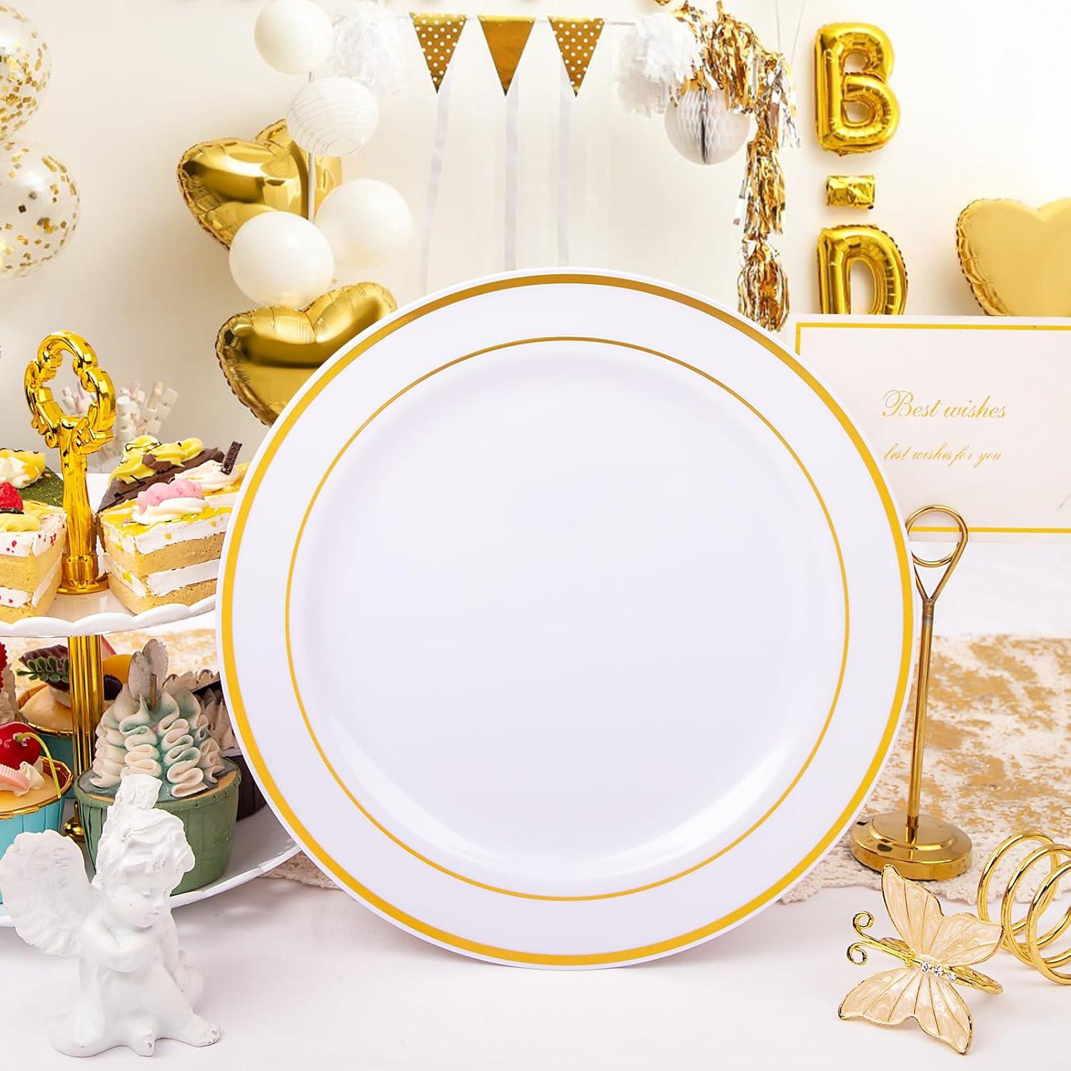 I00000 60pcs Plastic Gold Plates,10.25 inch Gold Rimmed Dinner Plates, White Disposable Plates, Parties or Wedding