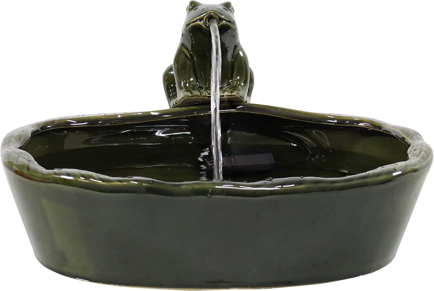 Sunnydaze Outdoor Solar Powered Ceramic Spitting Frog Water Fountain with Submersible Pump - 7" - Green