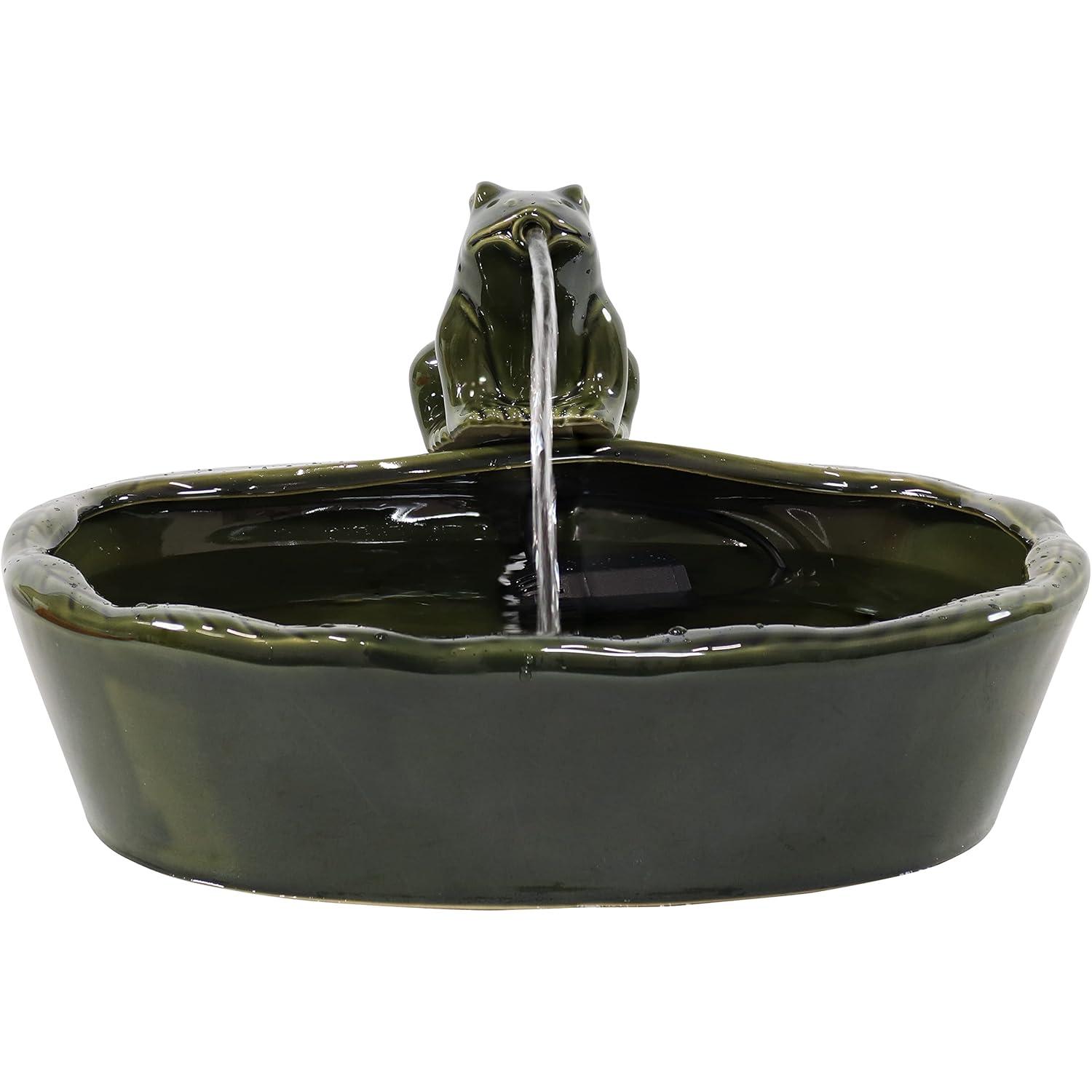 Sunnydaze Outdoor Solar Powered Ceramic Spitting Frog Water Fountain with Submersible Pump - 7" - Green