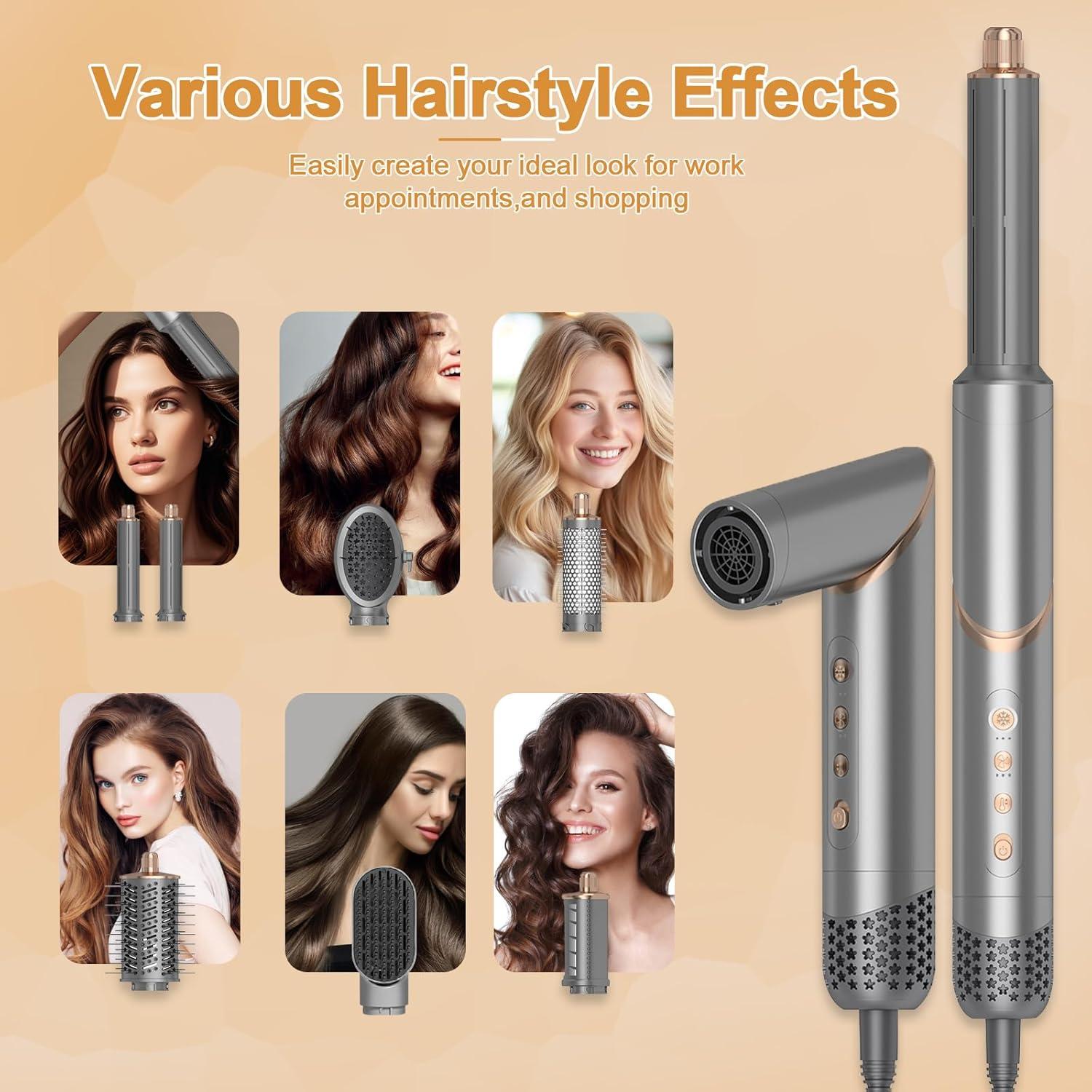 Dryhsip 5-in-1 Foldable Hair Dryer Brush, Ionic Hot Air Styler for Curling/Straightening/Volumizing, 3 Heat/Speed Settings, Travel-Friendly, Gray