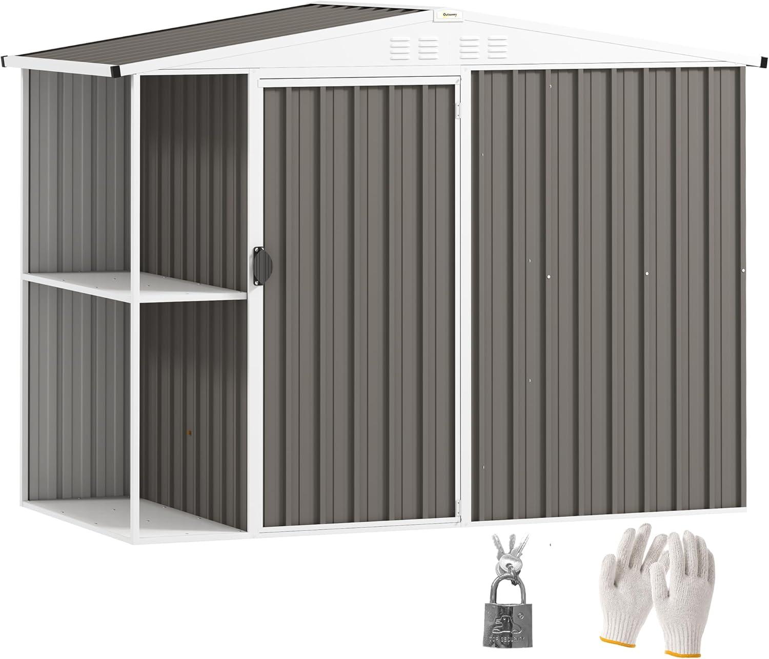 Outsunny 8 x 4ft Outdoor Storage Shed, Metal Garden Shed with 2-Tier Storage Rack, Air Vents and Lockable Door, Tool Shed for Backyard, Patio, Lawn