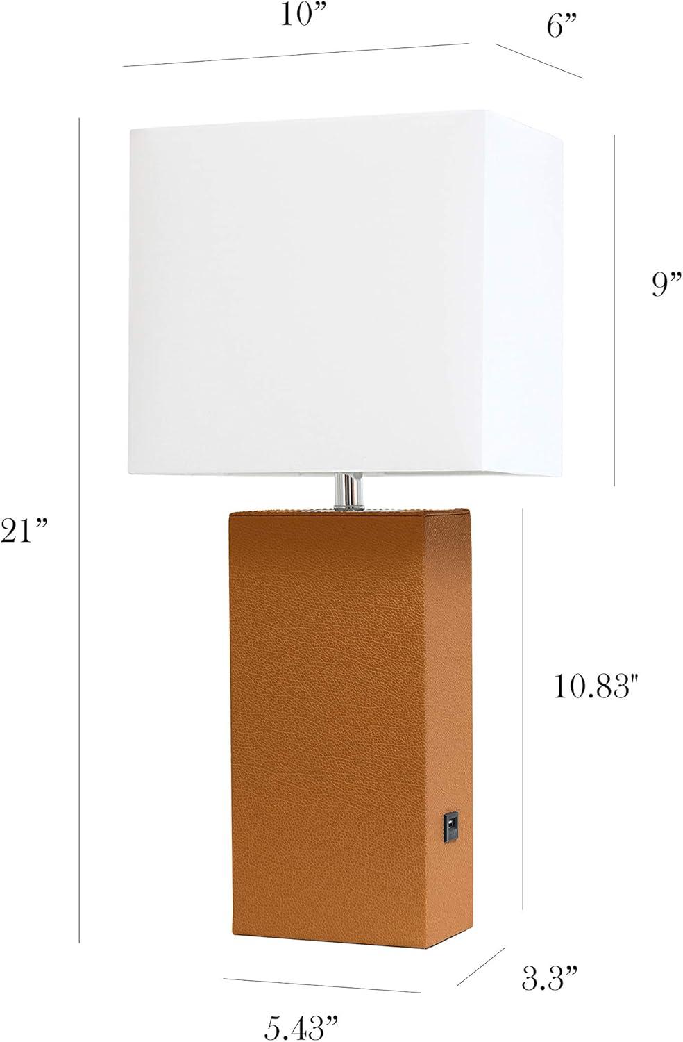 21" Lexington Leather Base Modern Home Decor Bedside Table Lamp with USB Charging Port and Fabric Shade Tan/White - Lalia Home: No Assembly