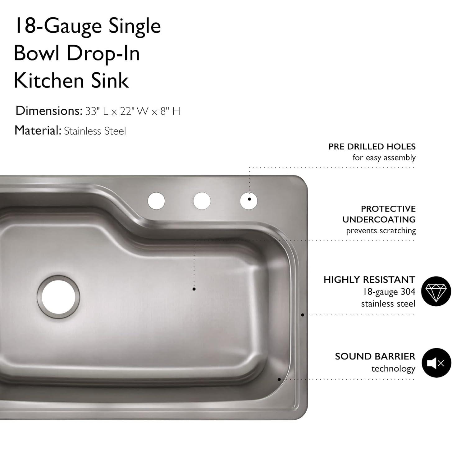 Design House 110593 Rectangular Single Bowl 33x22x8 in. 18-Gauge 3-Hole Kitchen Sink, Stainless Steel