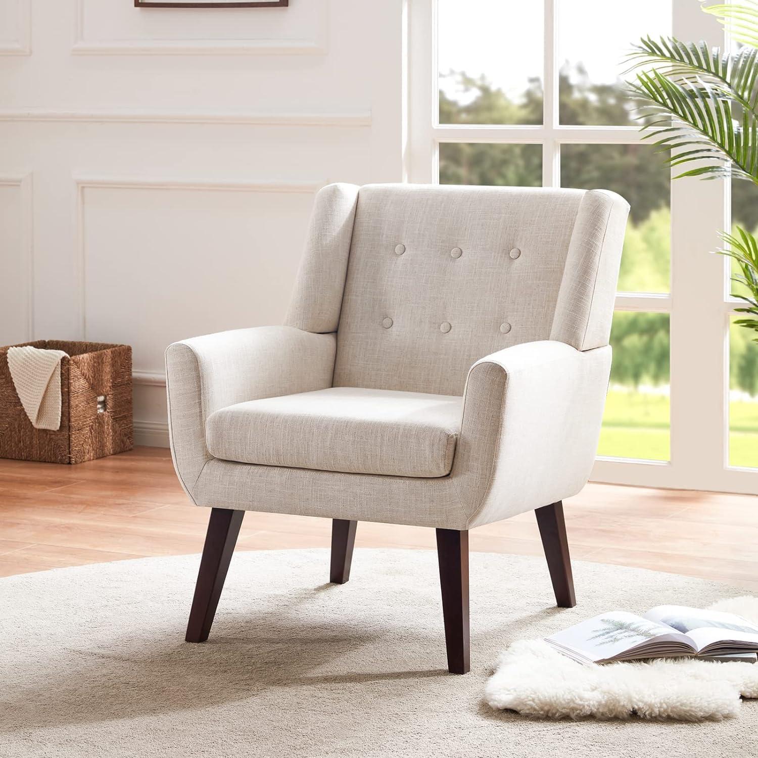 HUIMO Modern Linen Upholstered Armchair Tufted Accent Chair Beige