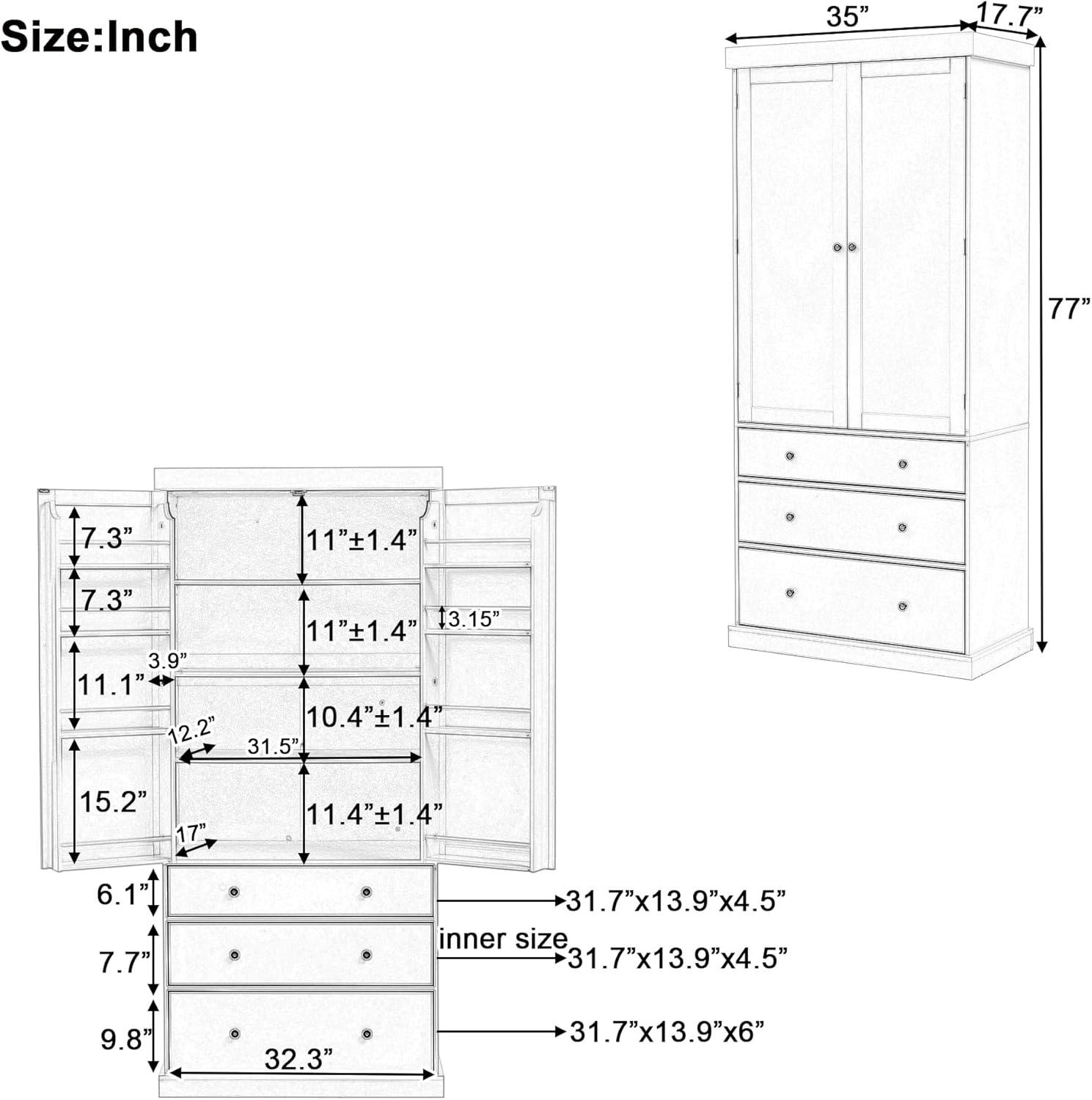 77inch Farmhouse Kitchen Pantry, Wood Storage Cabinet With 3 Adjustable Shelves, Freestanding Tall Cupboard Storage Cabinet With 8 Door Shelves And 3 Drawers For Kitchen, Dining Room (White-CR)