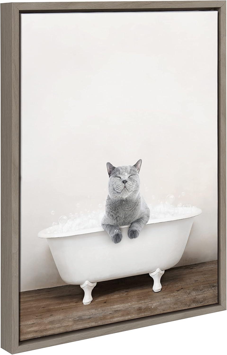 18" x 24" Sylvie Cat in Rustic Bath Framed Canvas by Amy Peterson: Bathroom Wall Art Decor - Kate & Laurel