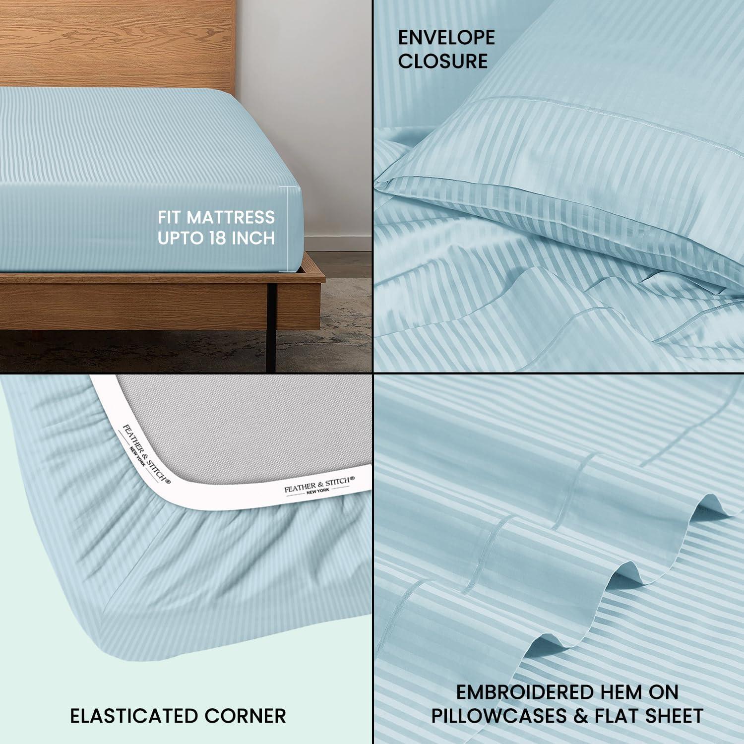 Feather & Stitch 500 TC Queen Size Damask Bed Sheet Set, 100% Cotton Soft Breathable Bedsheets, 4 Piece 18" Deep Pockets Sateen Weave Striped Bedding Mattress Resort Hotel Luxury- (Solid White, Queen)