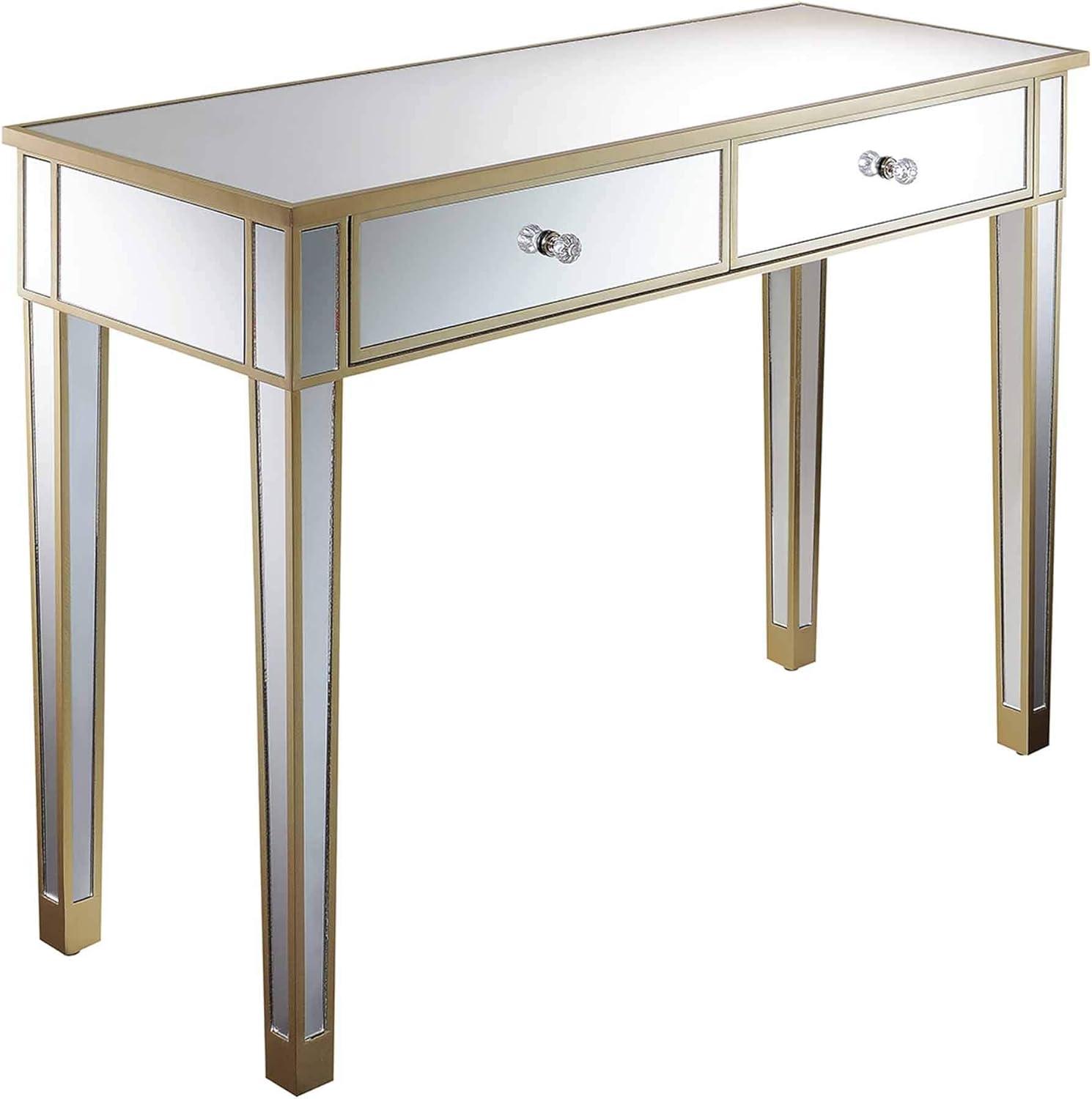 Chic Champagne Mirrored 2-Drawer Console Desk with Crystal Knobs