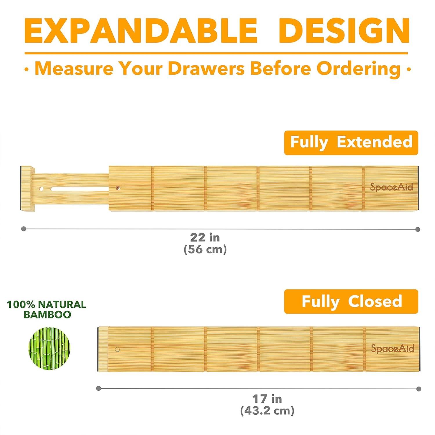 SpaceAid Bamboo Drawer Dividers with Inserts and Labels – Adjustable Kitchen Drawer Organizers, Expandable Storage for Home, Office, Dressers, and Bathroom, 8 Dividers with 18 Inserts (17-22 inches)
