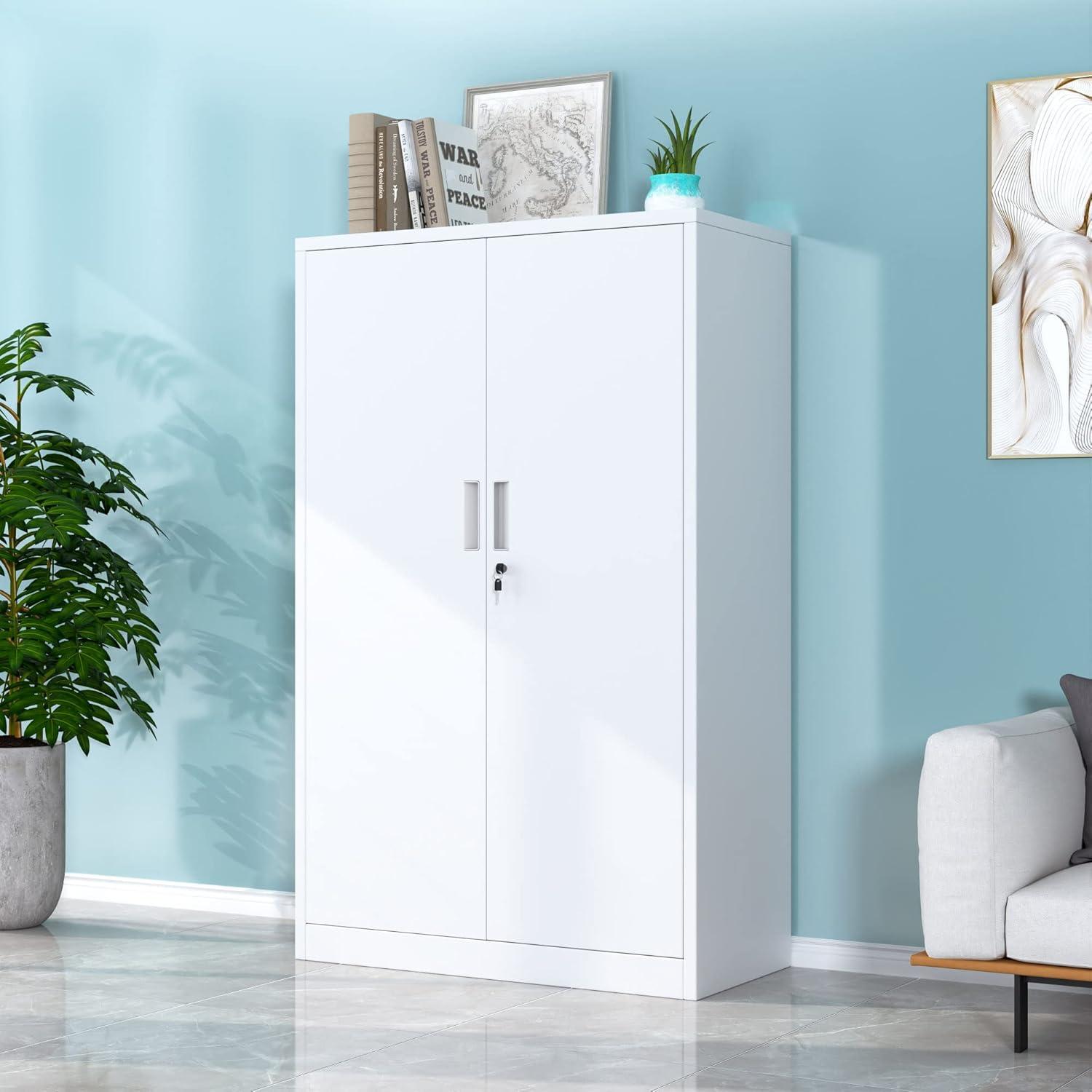 Metal Storage Cabinets with Shelves and Doors, Sideboard Buffet Cabinet for Kitchen, Entryway, Living Room, Home Office, Garage, Utility Room and Basement, 36.2" H x 31.5" W x 15.7" D (White)