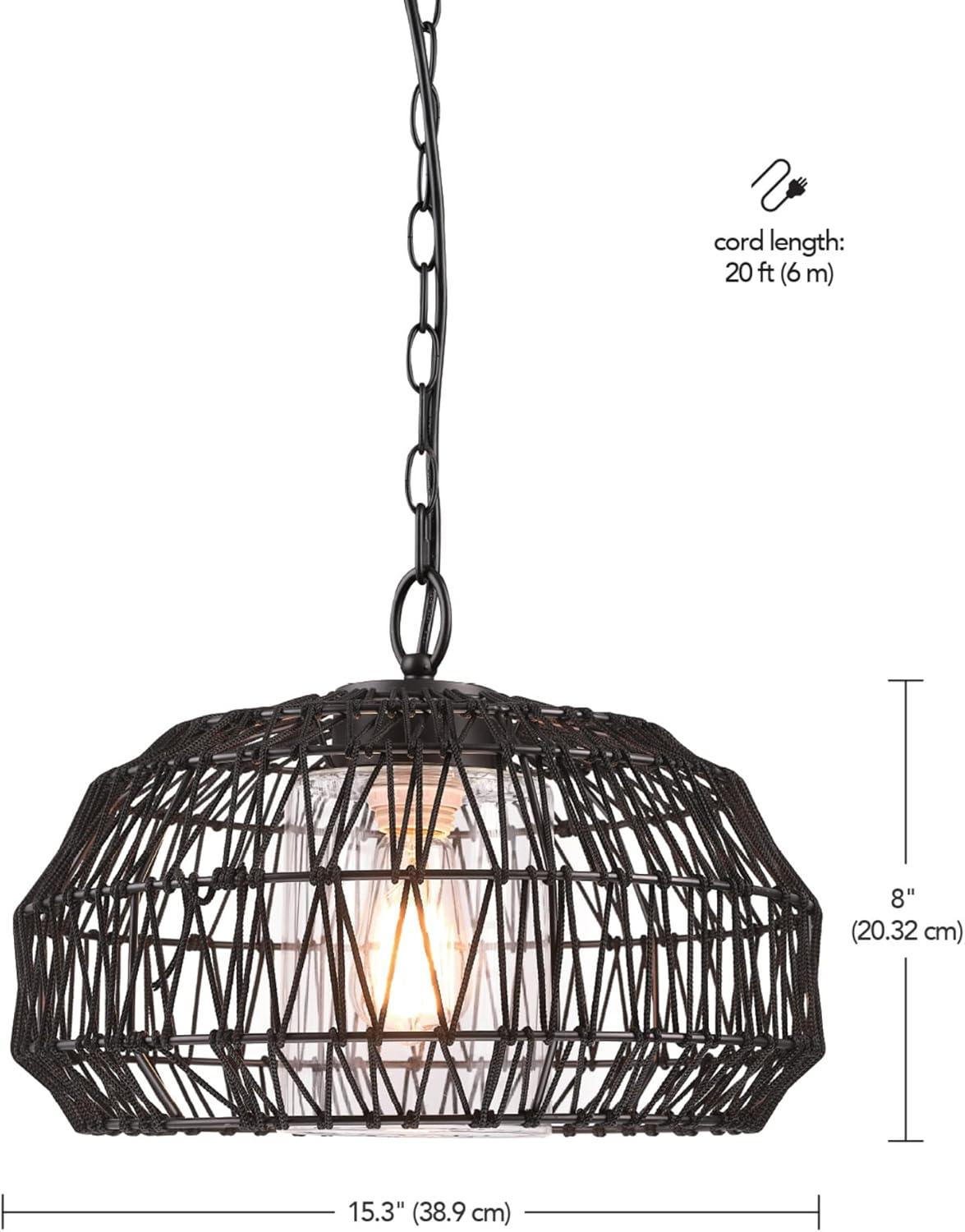 Novogratz x Globe Diego 1-Light Matte Black Woven Fabric Outdoor Plug-In Pendant Light: ETL Listed, Adjustable Height