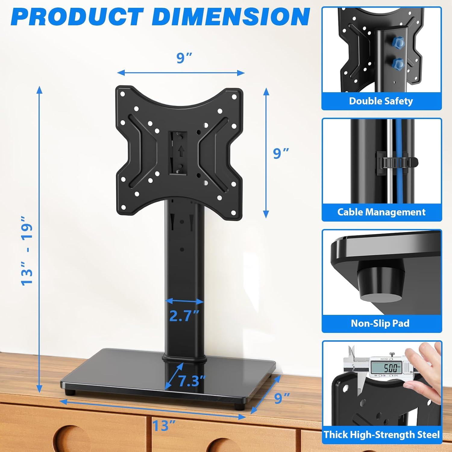 Rfiver Universal Swivel Tabletop TV Stand for Flat Screens 23 24 26 32 39 40 42 43 Inch, Heavy Duty Center Pedestal Stand Replacement with Black Tempered Glass Base and Height Adjustable Mount
