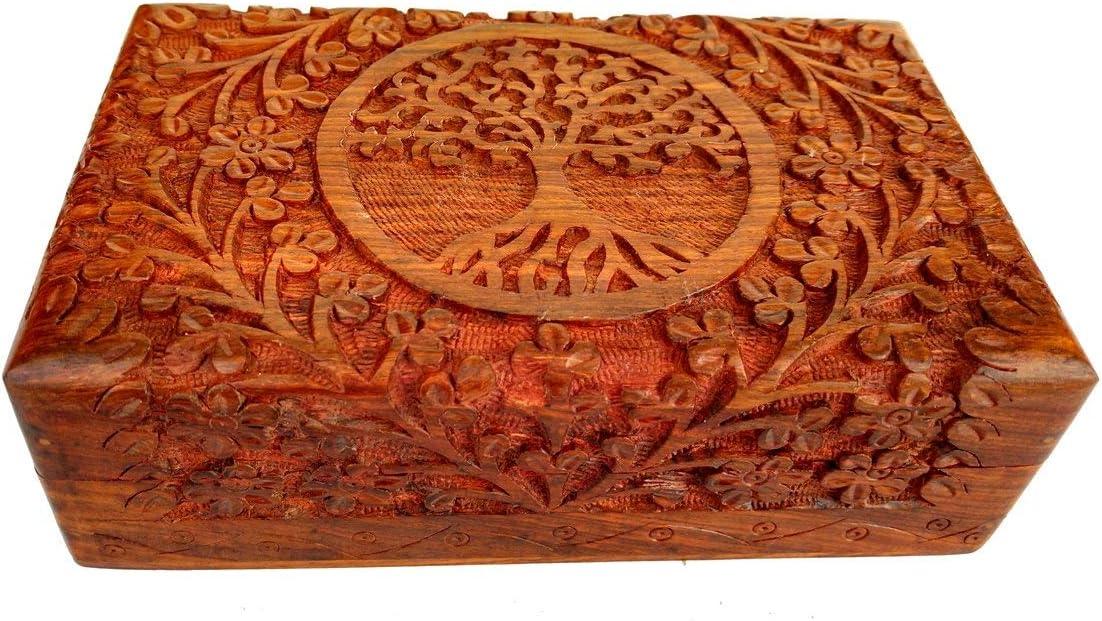 Handcarved Brown Wooden Jewelry Box with Tree Design, 8x5 Inch