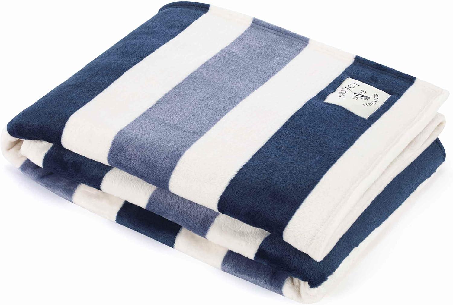 Navy and White Striped Fleece Throw Blanket