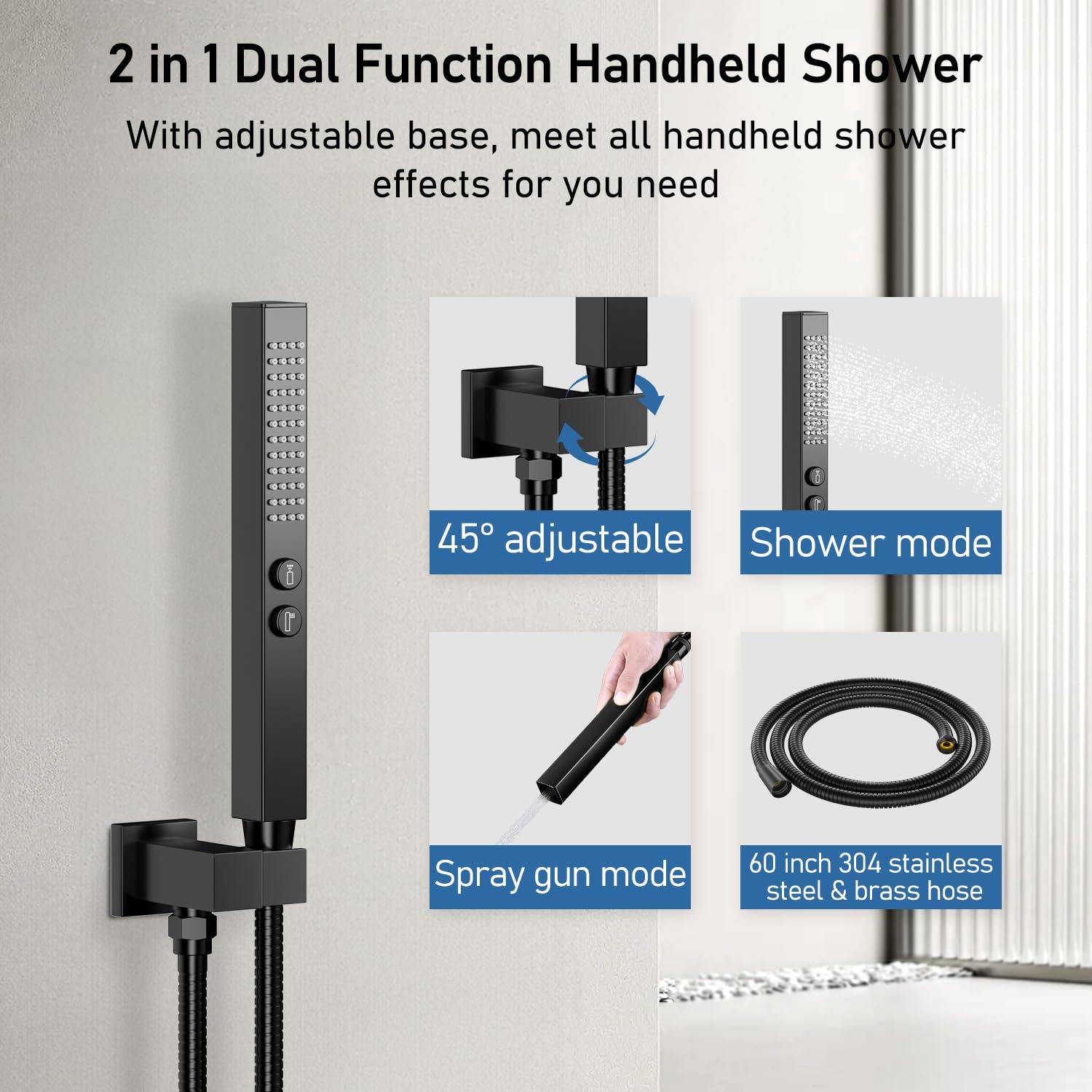 Revitalize 3-Function 12 Inch Wall Mount Rainfall Thermostatic Shower System with 6 Body Jets